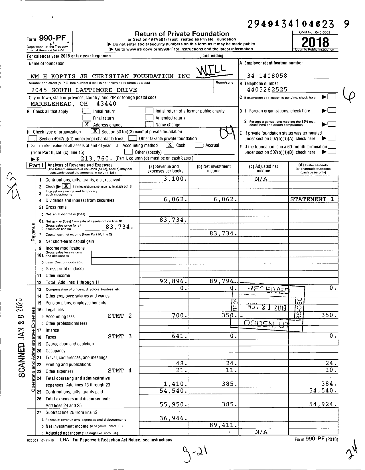 Image of first page of 2018 Form 990PF for William H Koptis JR Christian Foundation