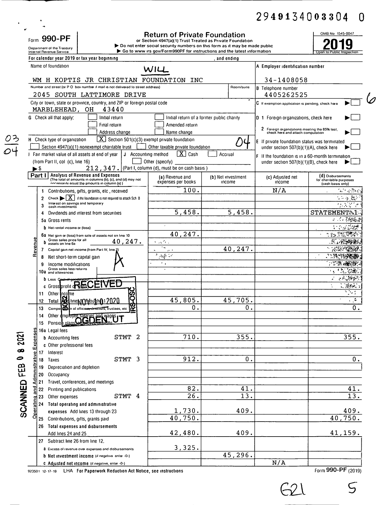 Image of first page of 2019 Form 990PF for William H Koptis JR Christian Foundation