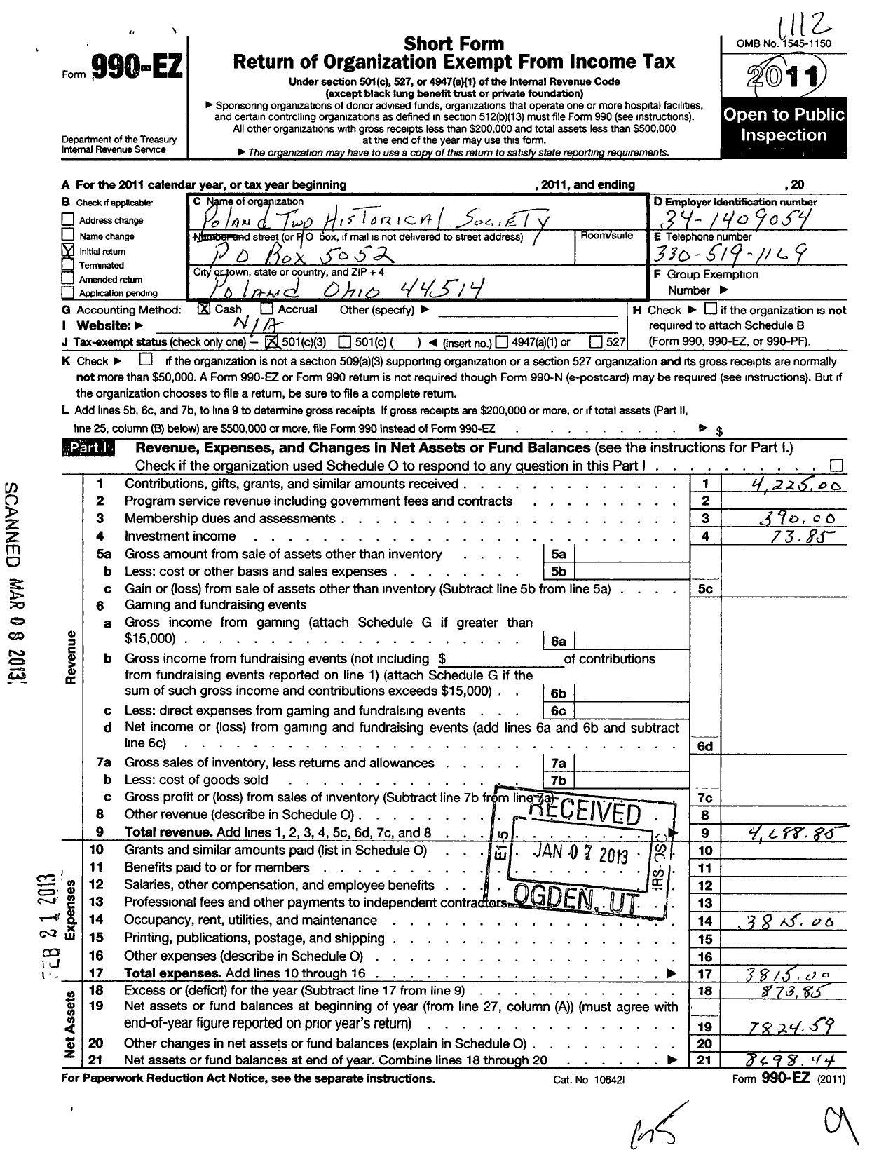 Image of first page of 2011 Form 990EZ for Poland Township Historical Society