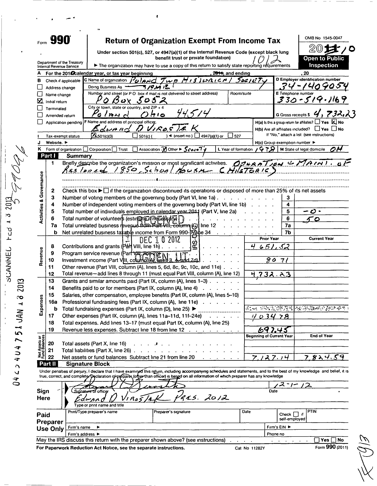 Image of first page of 2010 Form 990 for Poland Township Historical Society