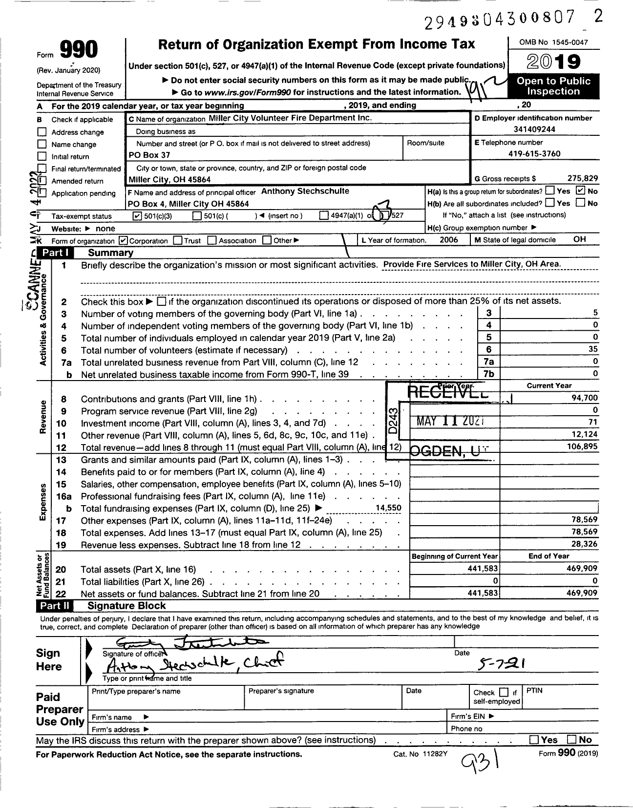 Image of first page of 2019 Form 990 for Miller City Volunteer Fire Dept