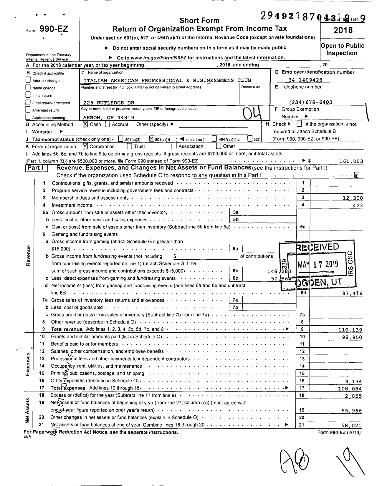 Image of first page of 2018 Form 990EO for Italian American Professional Businessmens Club