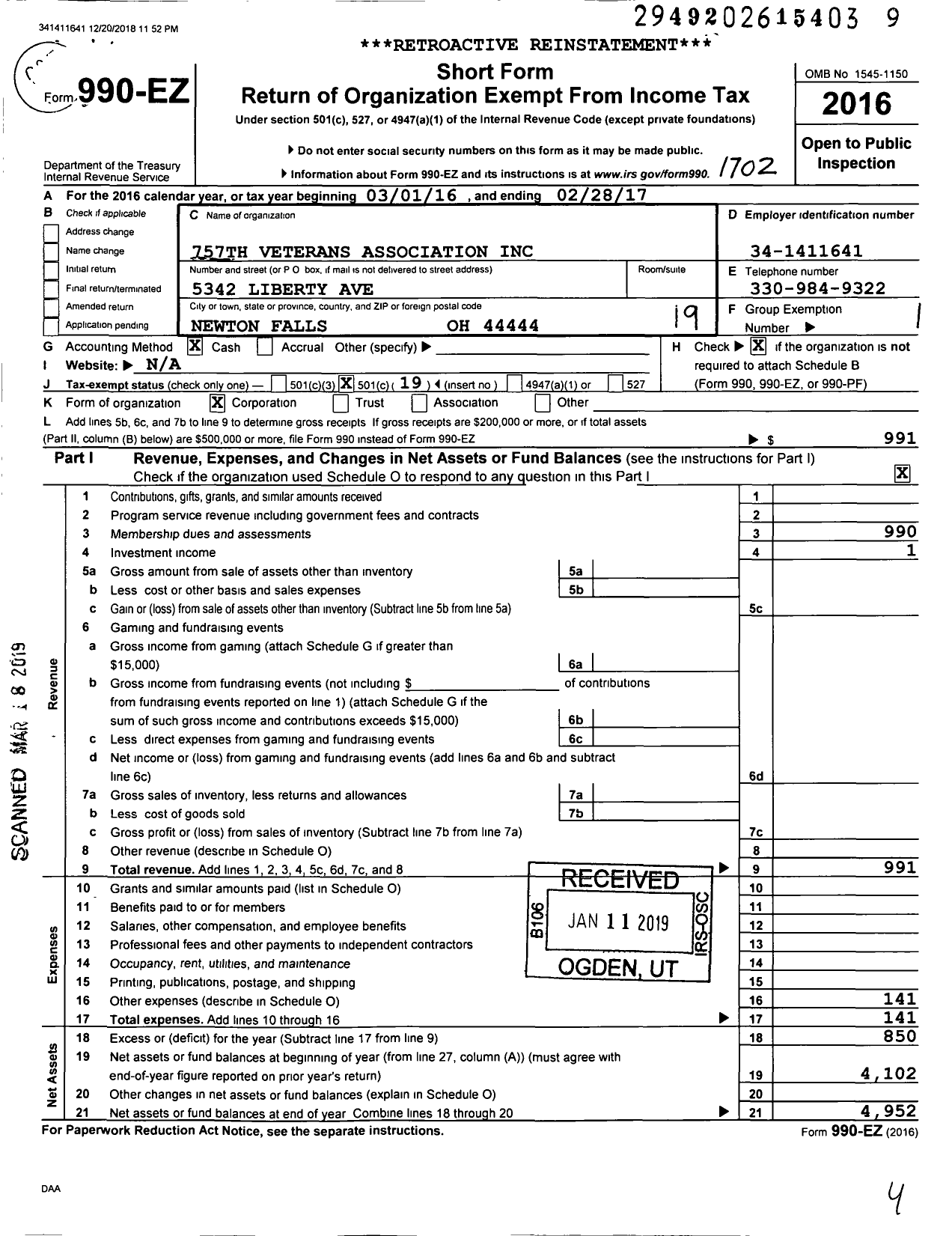 Image of first page of 2016 Form 990EO for 757th Veterans Association