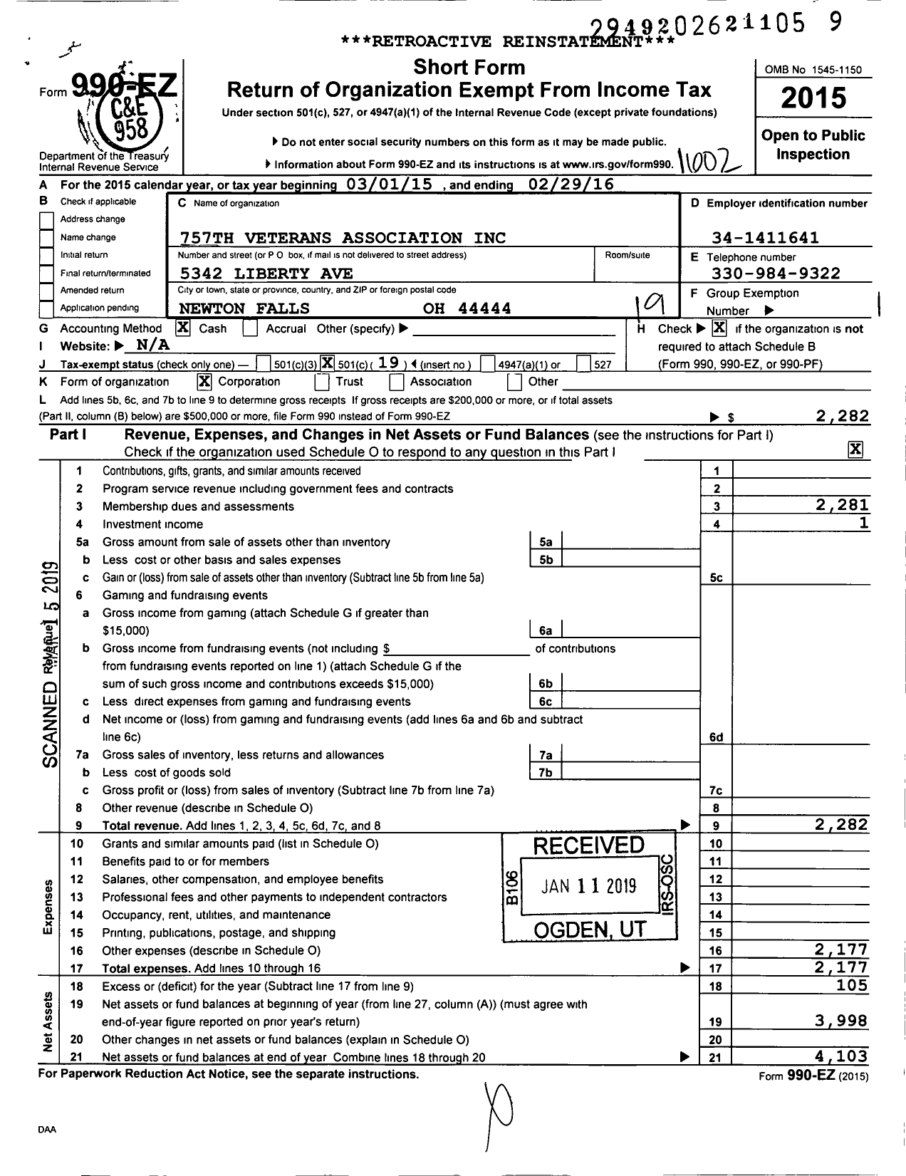 Image of first page of 2015 Form 990EO for 757th Veterans Association