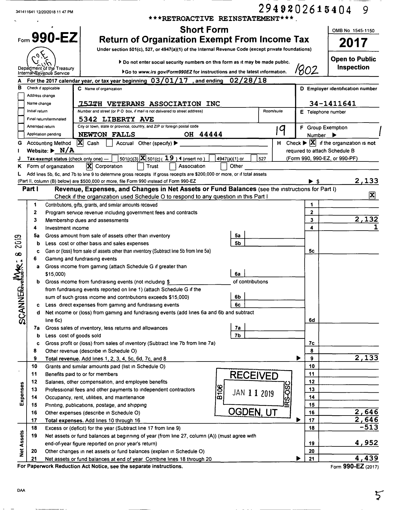 Image of first page of 2017 Form 990EO for 757th Veterans Association