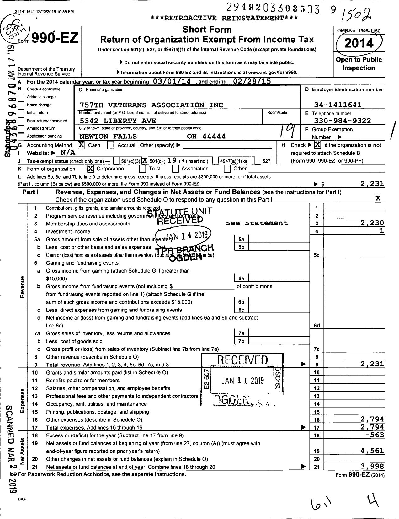 Image of first page of 2014 Form 990EO for 757th Veterans Association