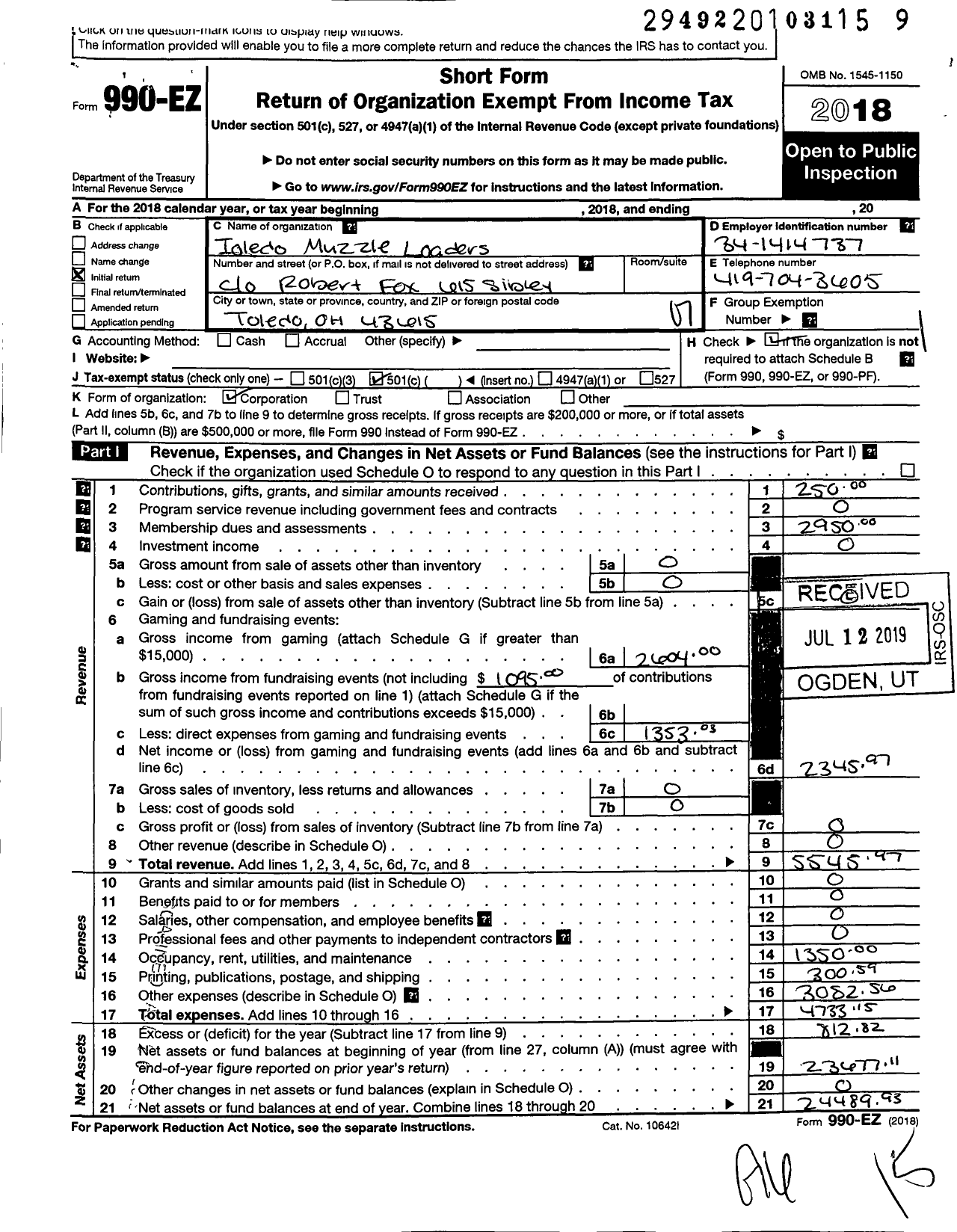 Image of first page of 2018 Form 990EO for Toledo Muzzle Loaders Club