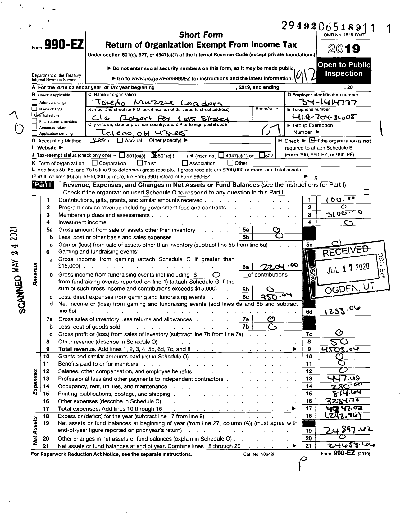 Image of first page of 2019 Form 990EO for Toledo Muzzle Loaders Club