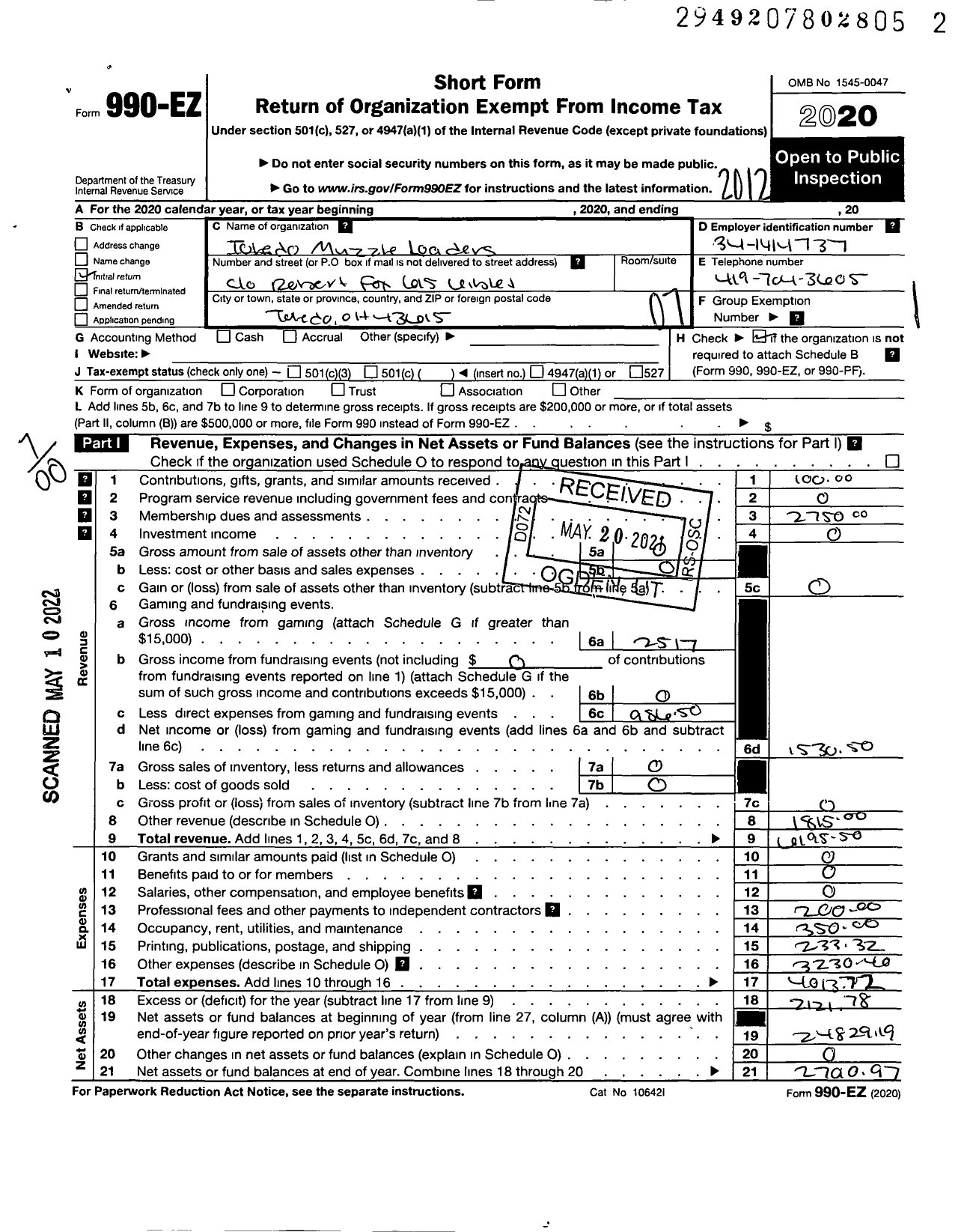 Image of first page of 2020 Form 990EO for Toledo Muzzle Loaders Club