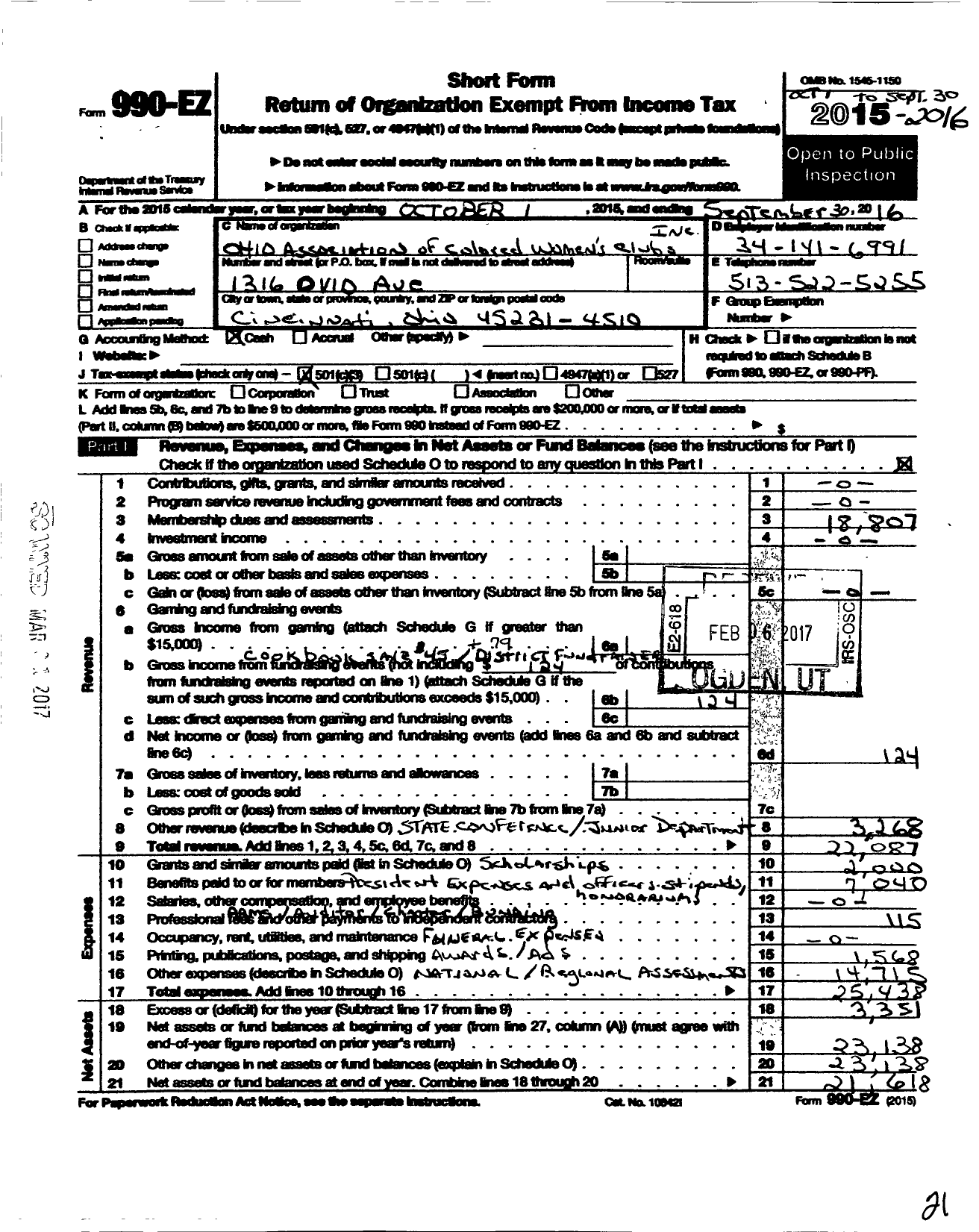 Image of first page of 2015 Form 990EZ for Ohio Association of Colored Womens Clubs