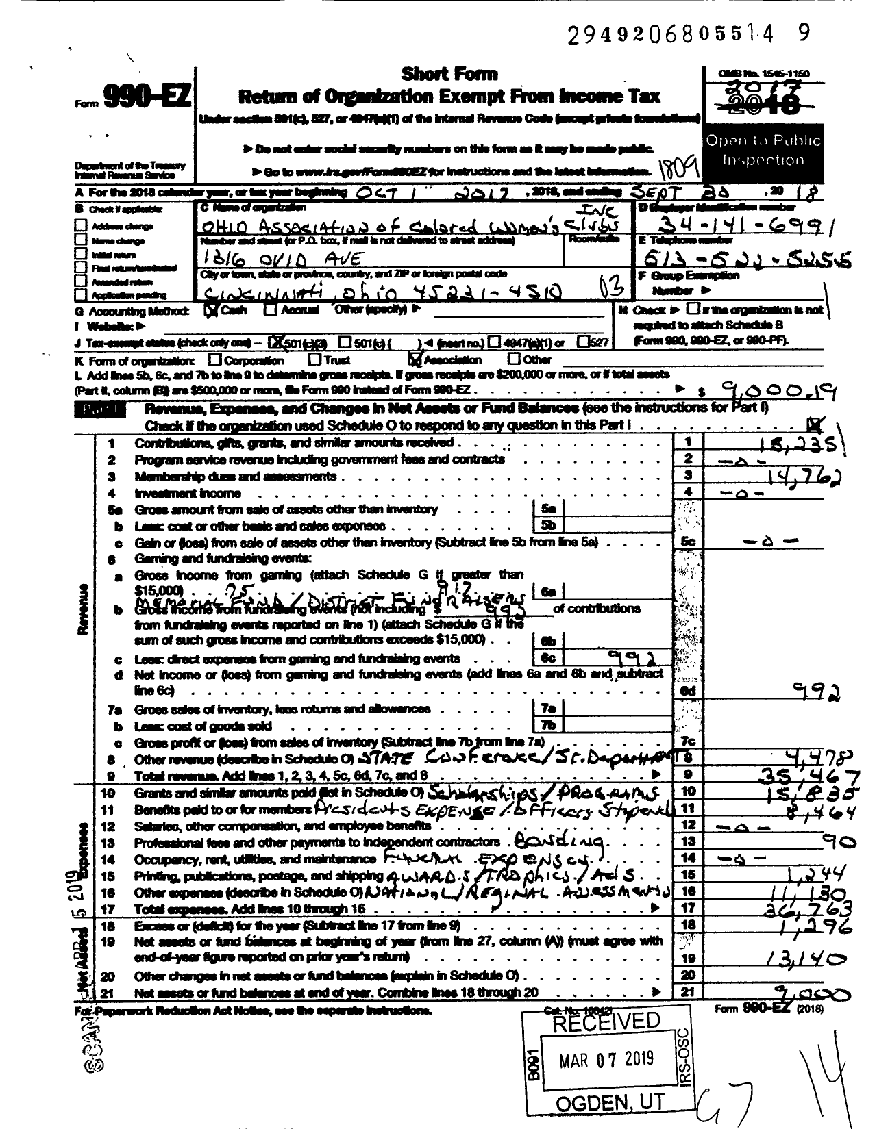 Image of first page of 2017 Form 990EZ for Ohio Association of Colored Womens Clubs