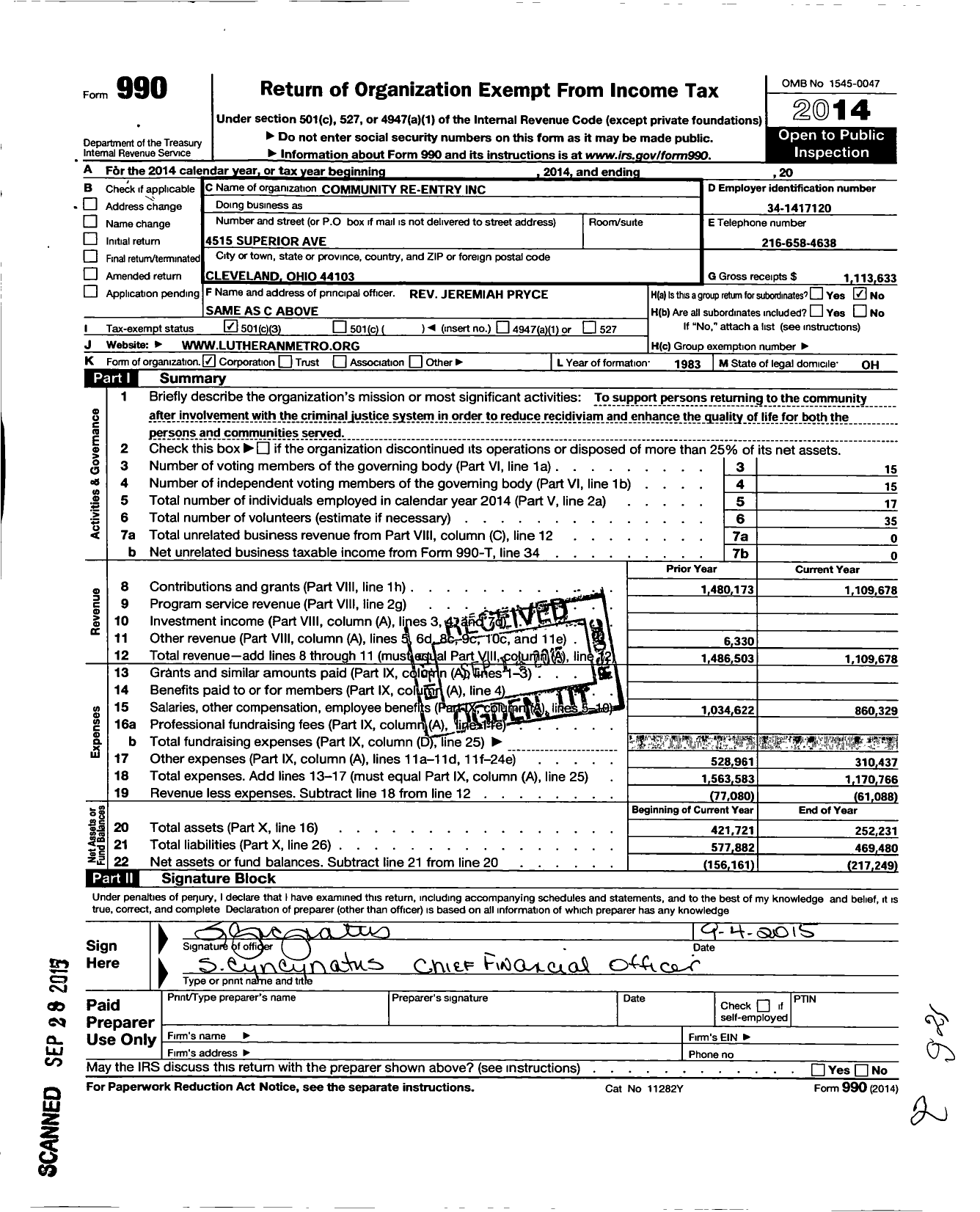 Image of first page of 2014 Form 990 for Community Re-Entry