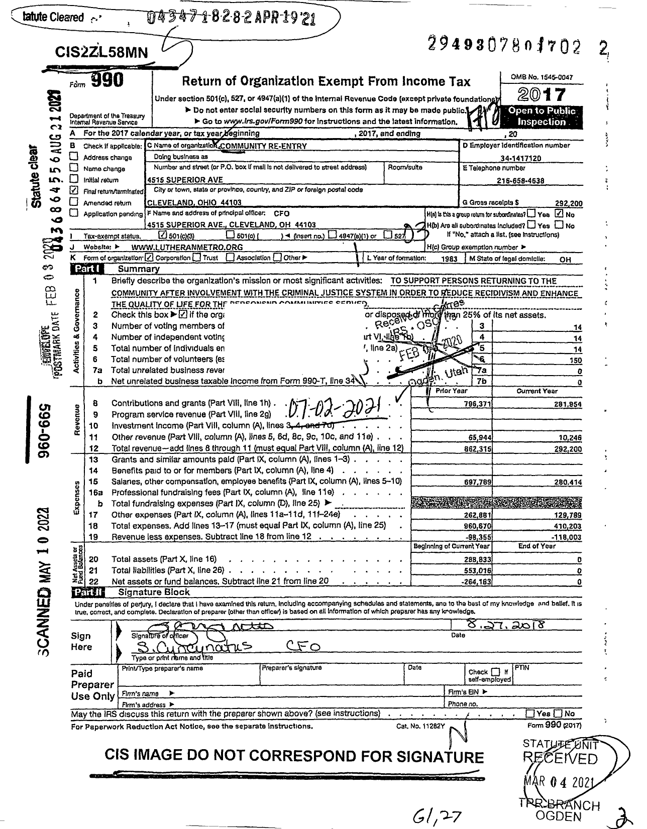 Image of first page of 2017 Form 990 for Community Re-Entry