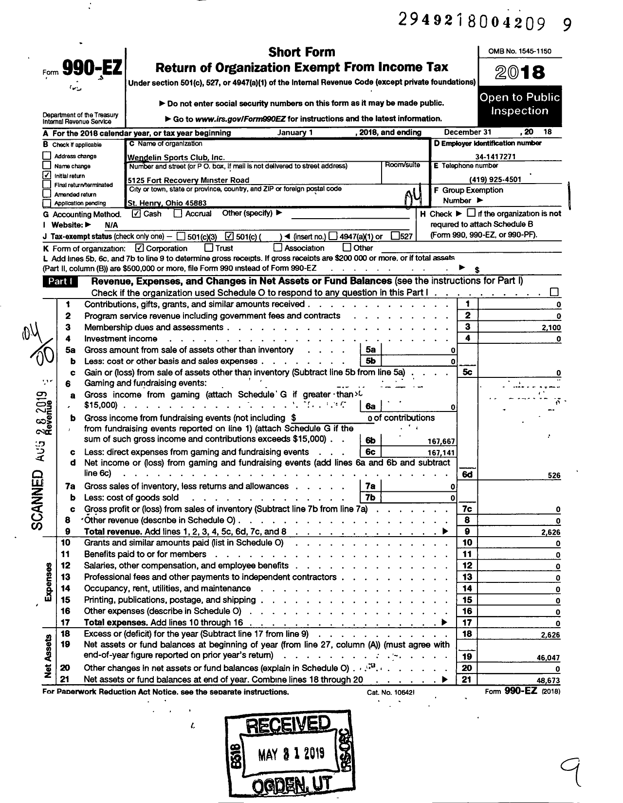 Image of first page of 2018 Form 990EO for Wendelin Sports Club