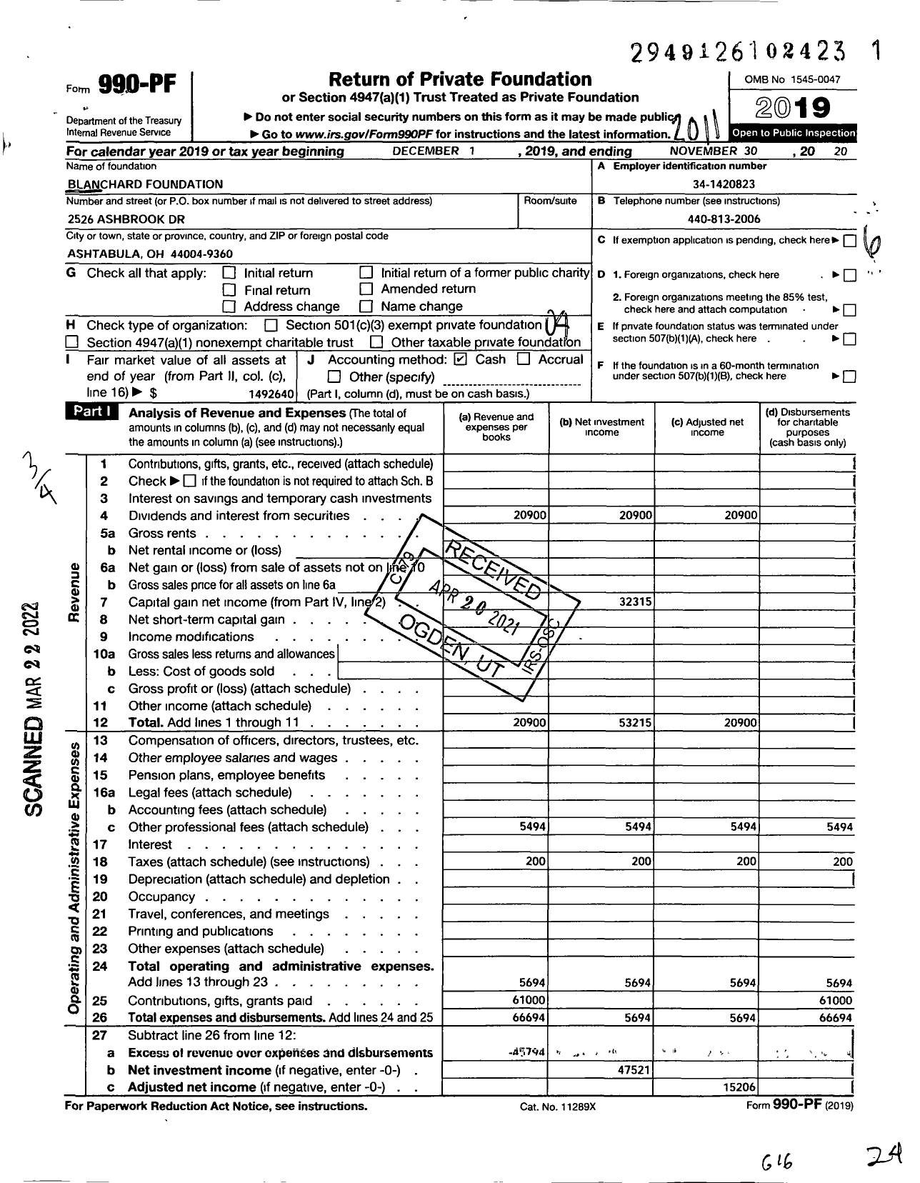 Image of first page of 2019 Form 990PF for Blanchard Foundation