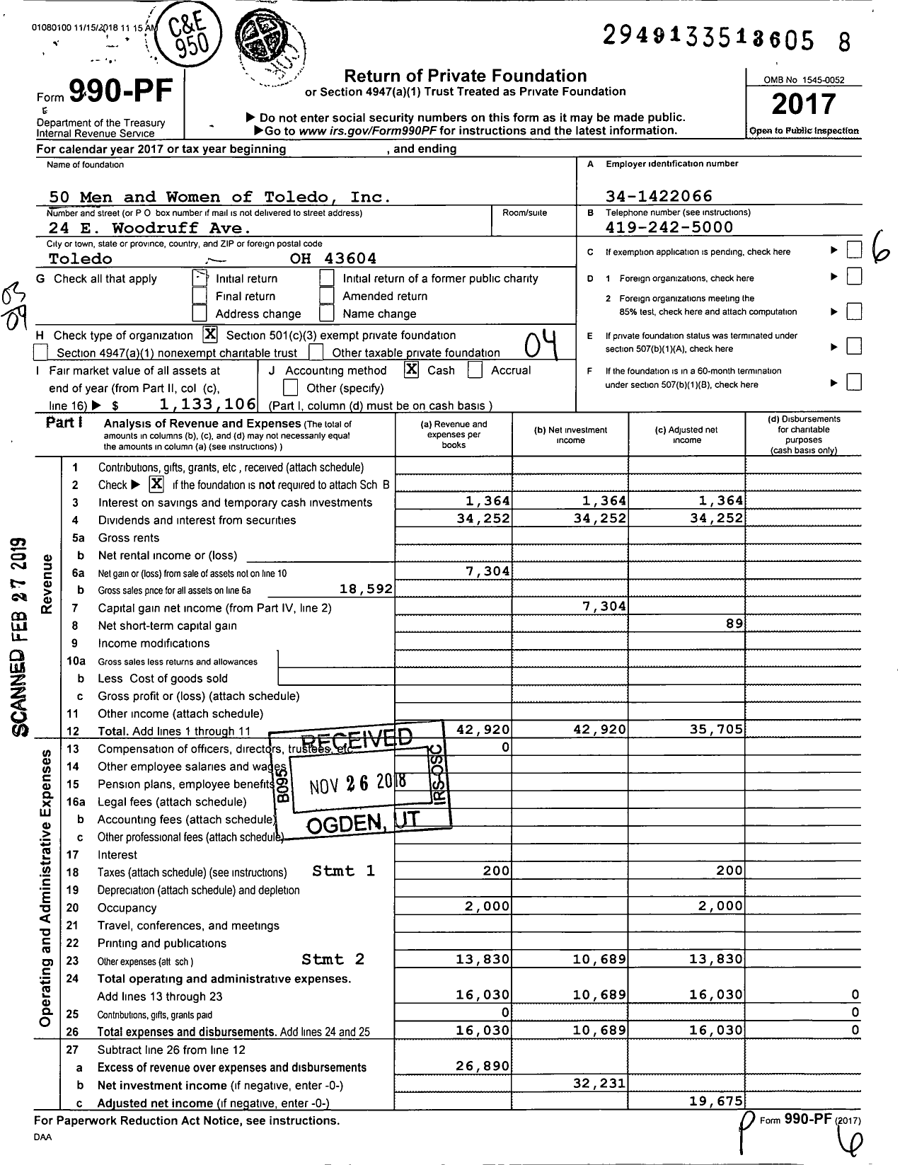 Image of first page of 2017 Form 990PF for 50 Men and Women of Toledo