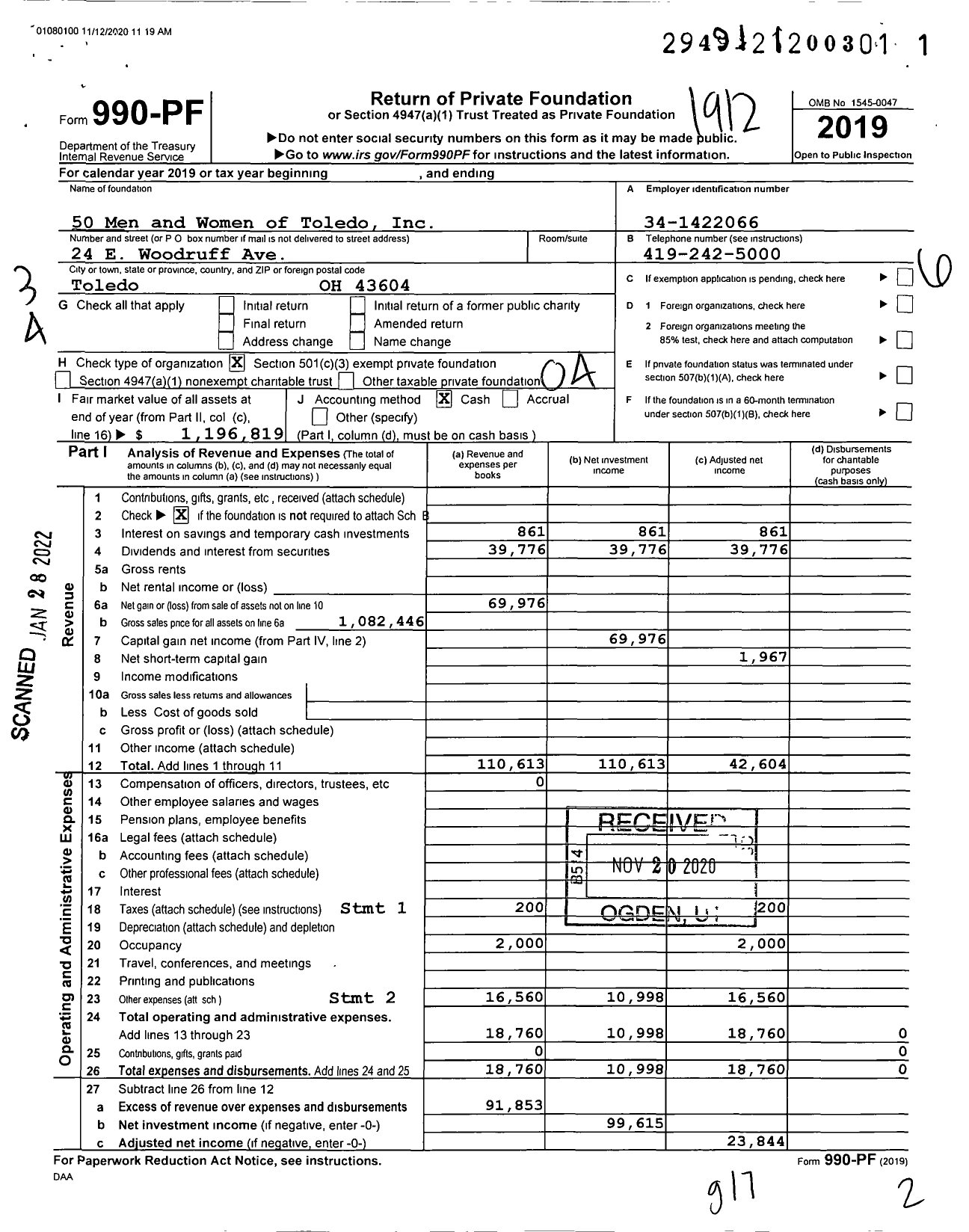 Image of first page of 2019 Form 990PF for 50 Men and Women of Toledo