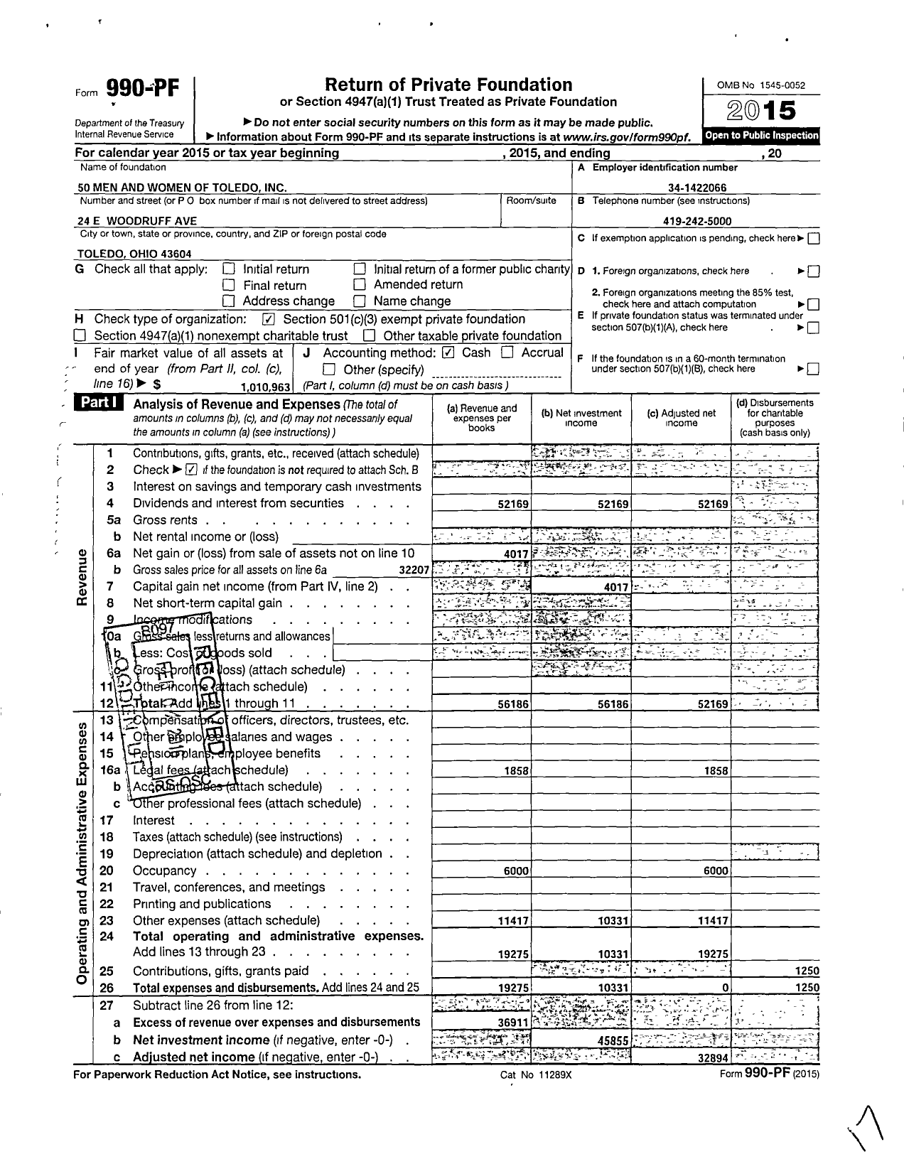 Image of first page of 2015 Form 990PF for 50 Men and Women of Toledo