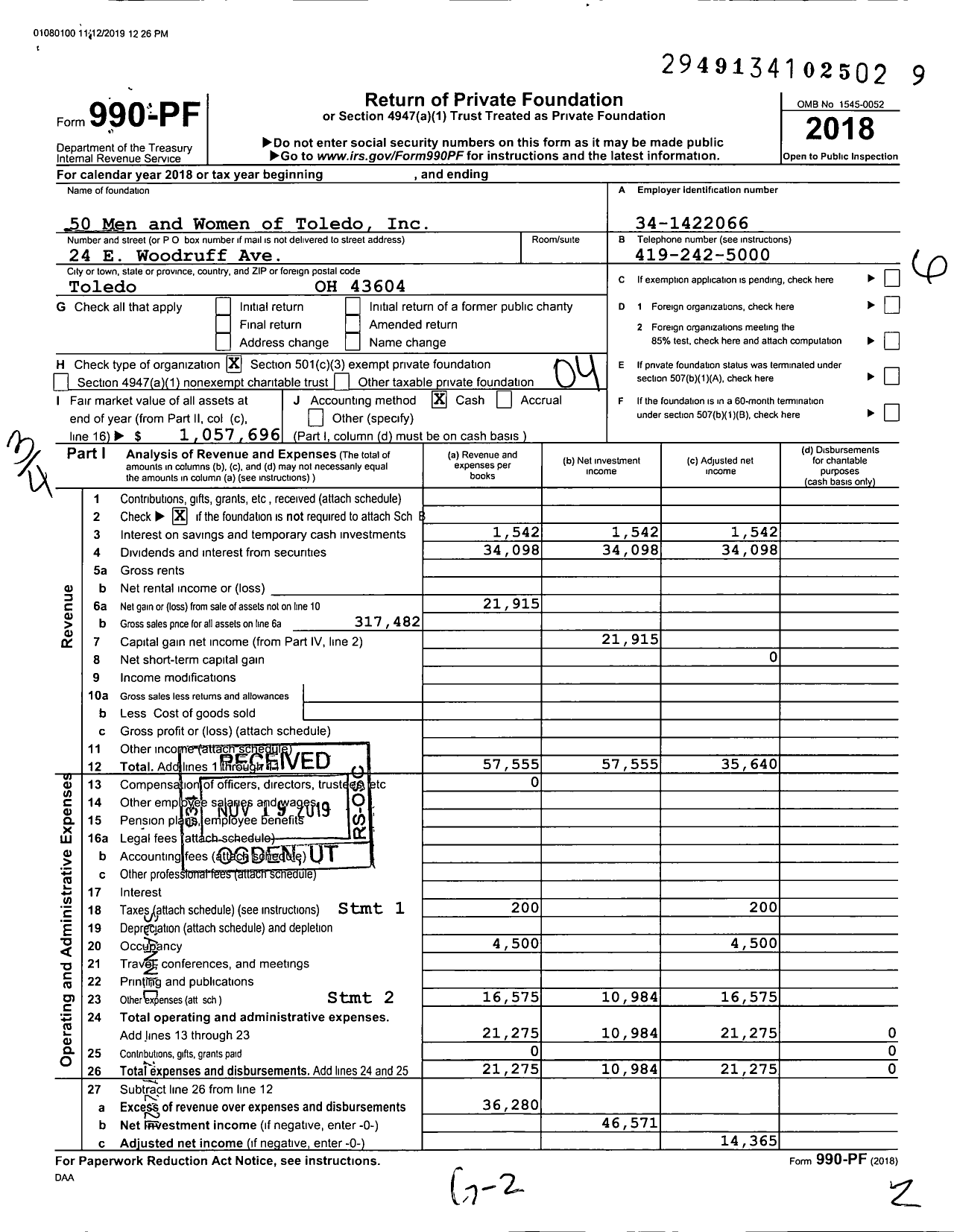 Image of first page of 2018 Form 990PF for 50 Men and Women of Toledo