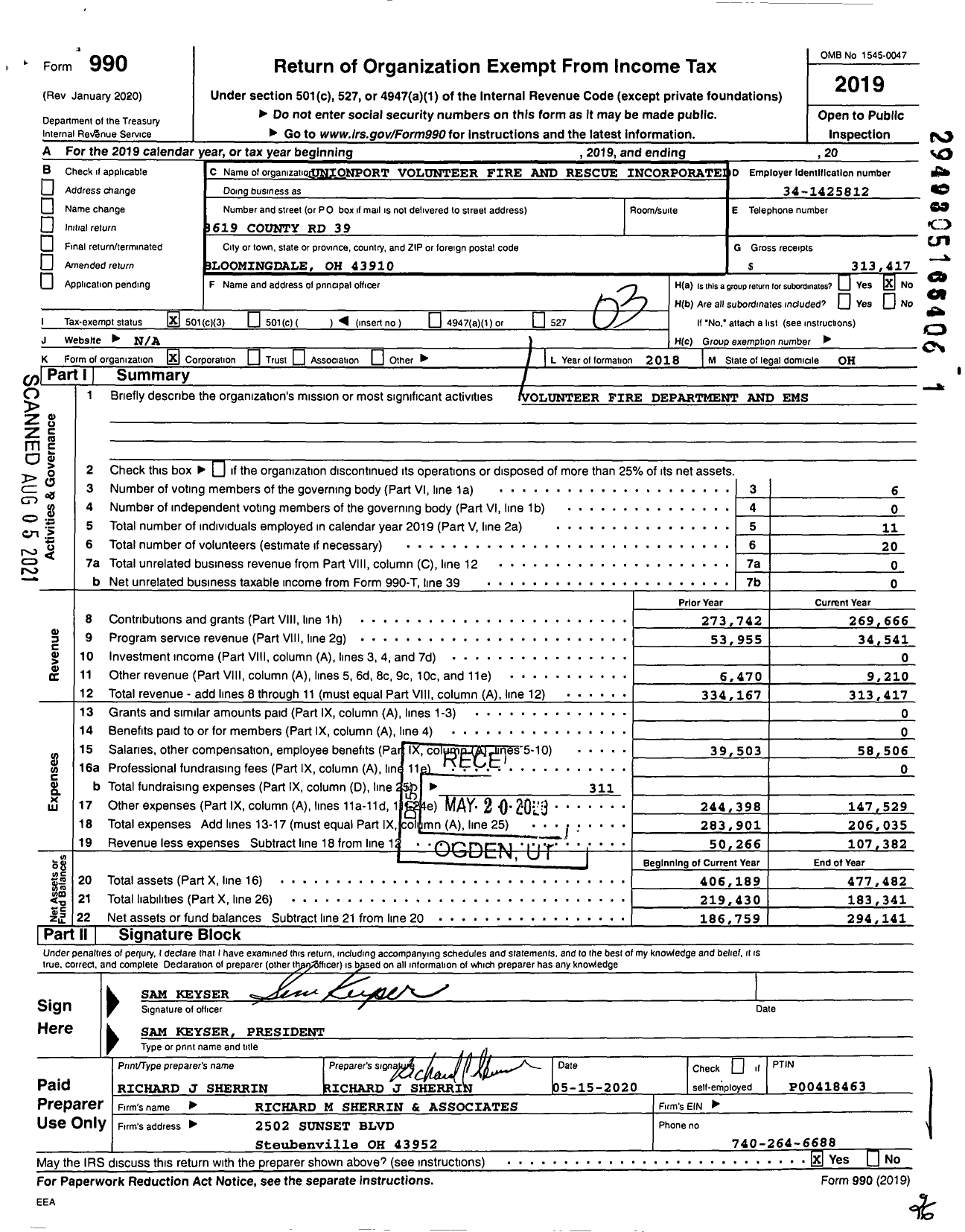 Image of first page of 2019 Form 990 for Unionport Volunteer Fire and Rescue Incorporated