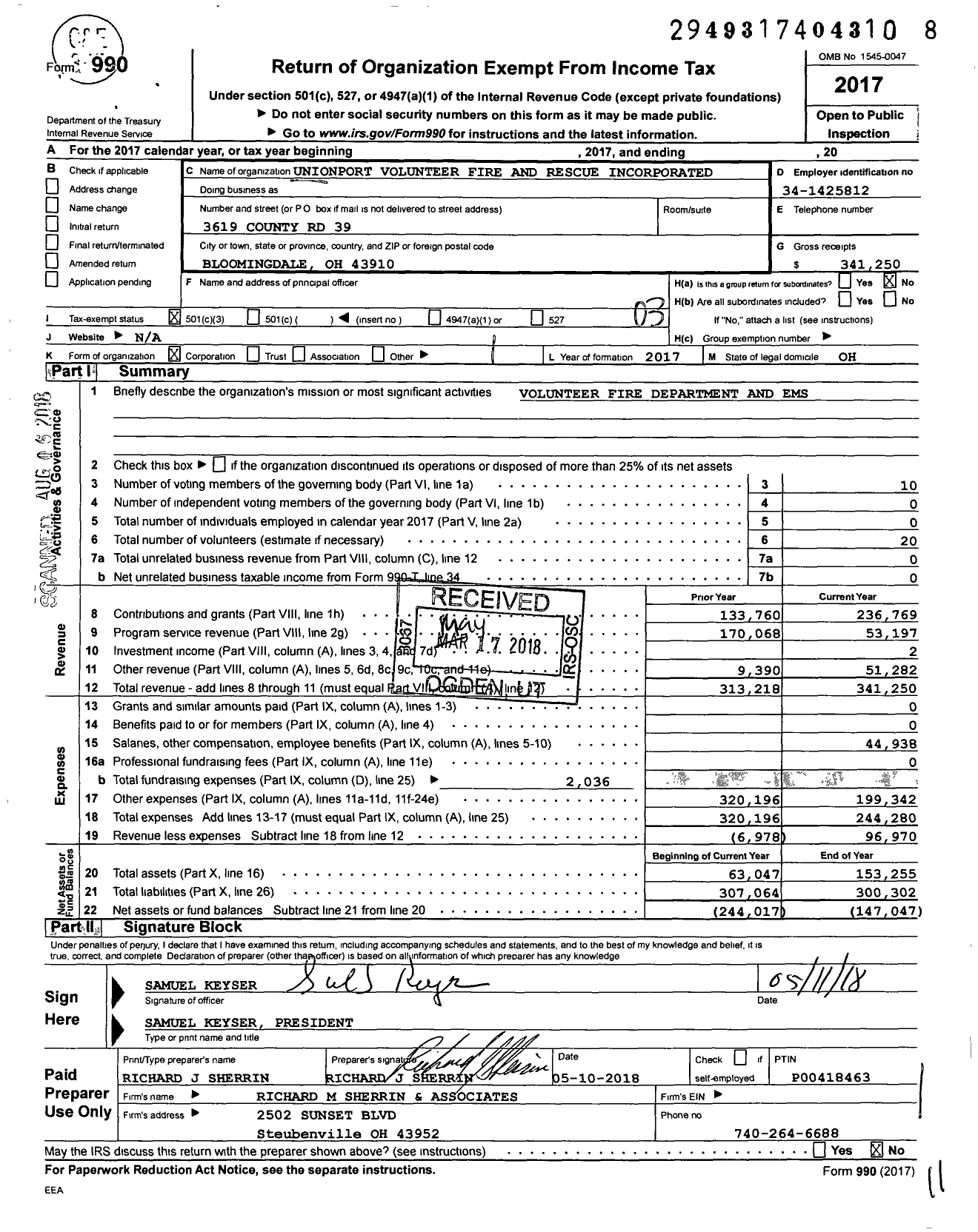 Image of first page of 2017 Form 990 for Unionport Volunteer Fire and Rescue Incorporated