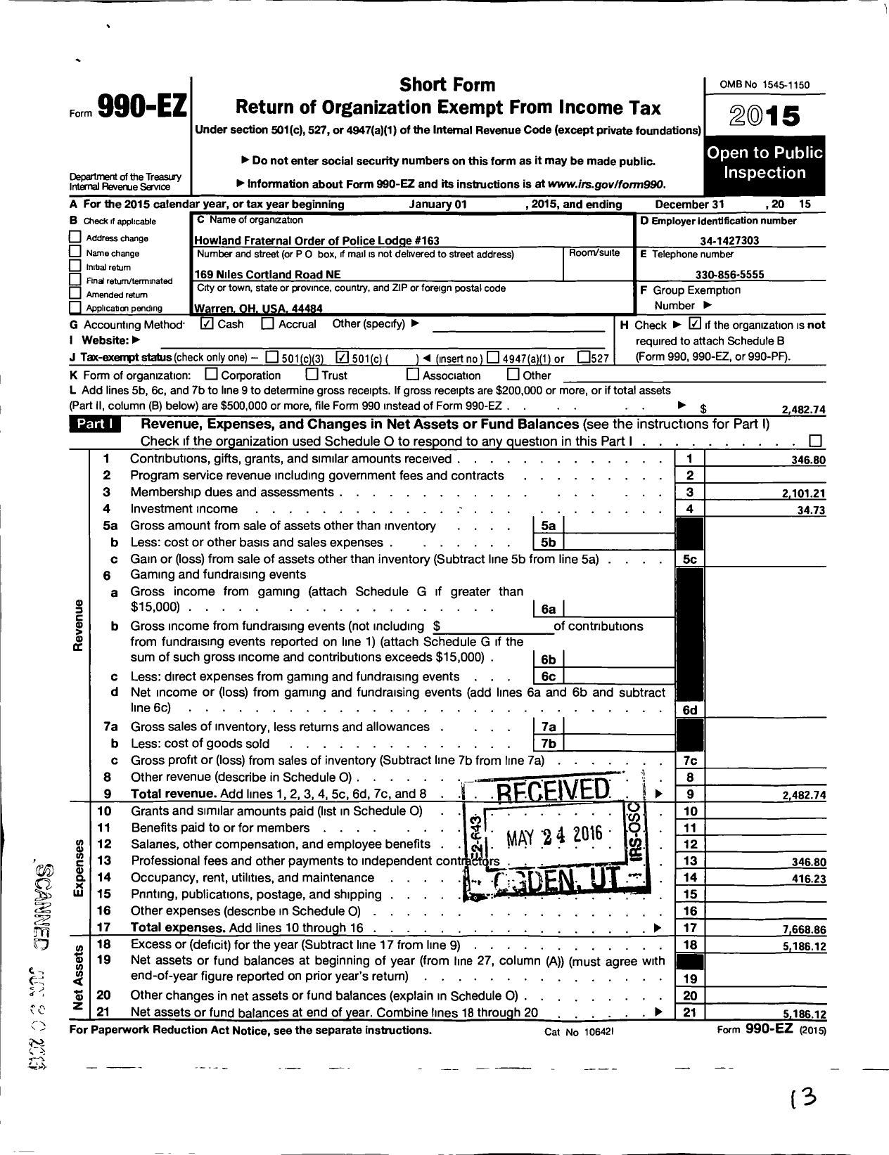 Image of first page of 2015 Form 990EO for Fraternal Order of Police - 163 Howland Lodge