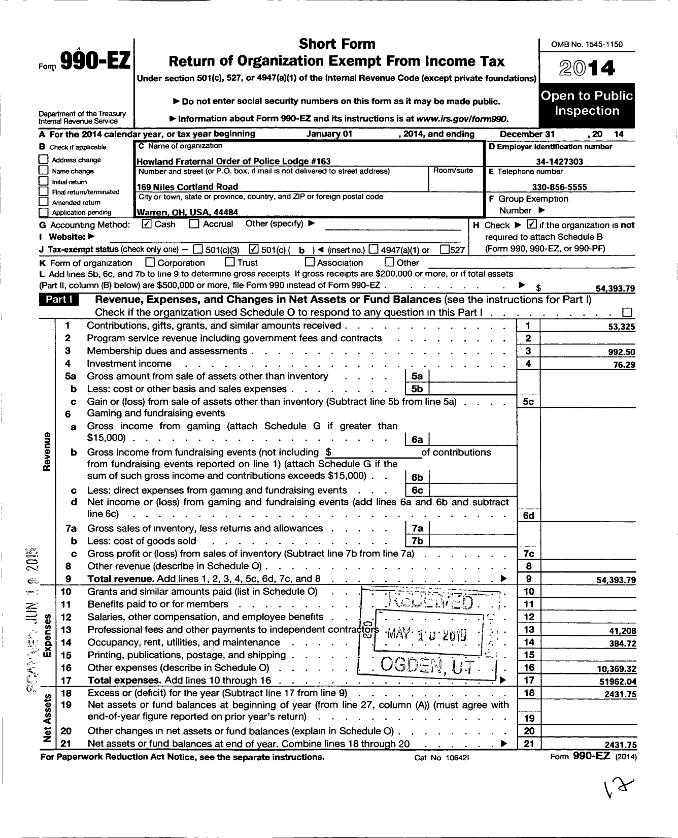 Image of first page of 2014 Form 990EO for Fraternal Order of Police - 163 Howland Lodge