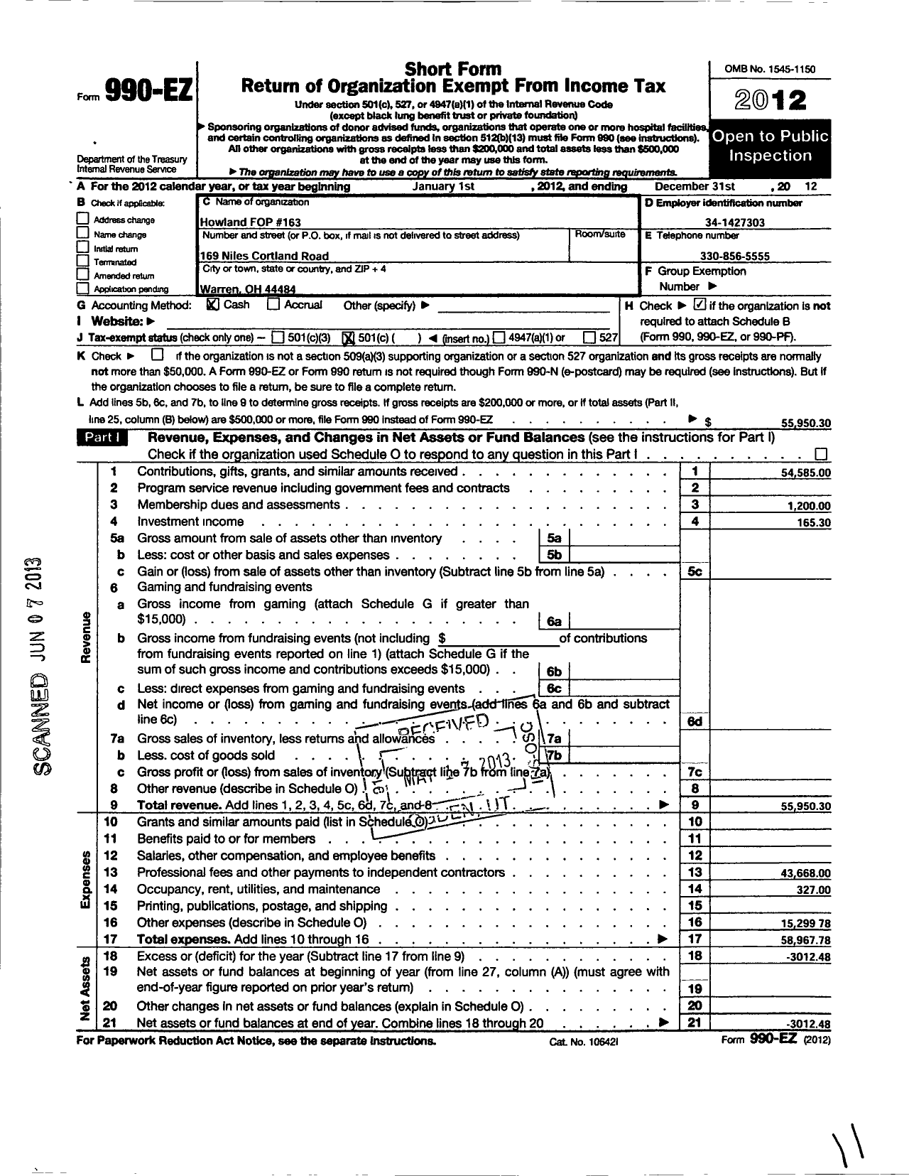 Image of first page of 2012 Form 990EO for Fraternal Order of Police - 163 Howland Lodge