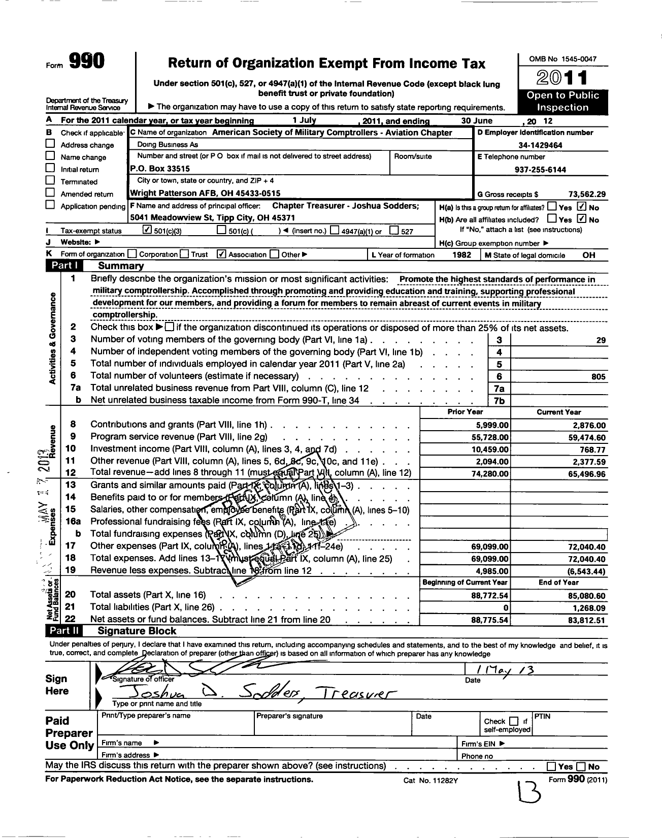 Image of first page of 2011 Form 990 for American Society of Military Comptr Ollers Aviation Chapter