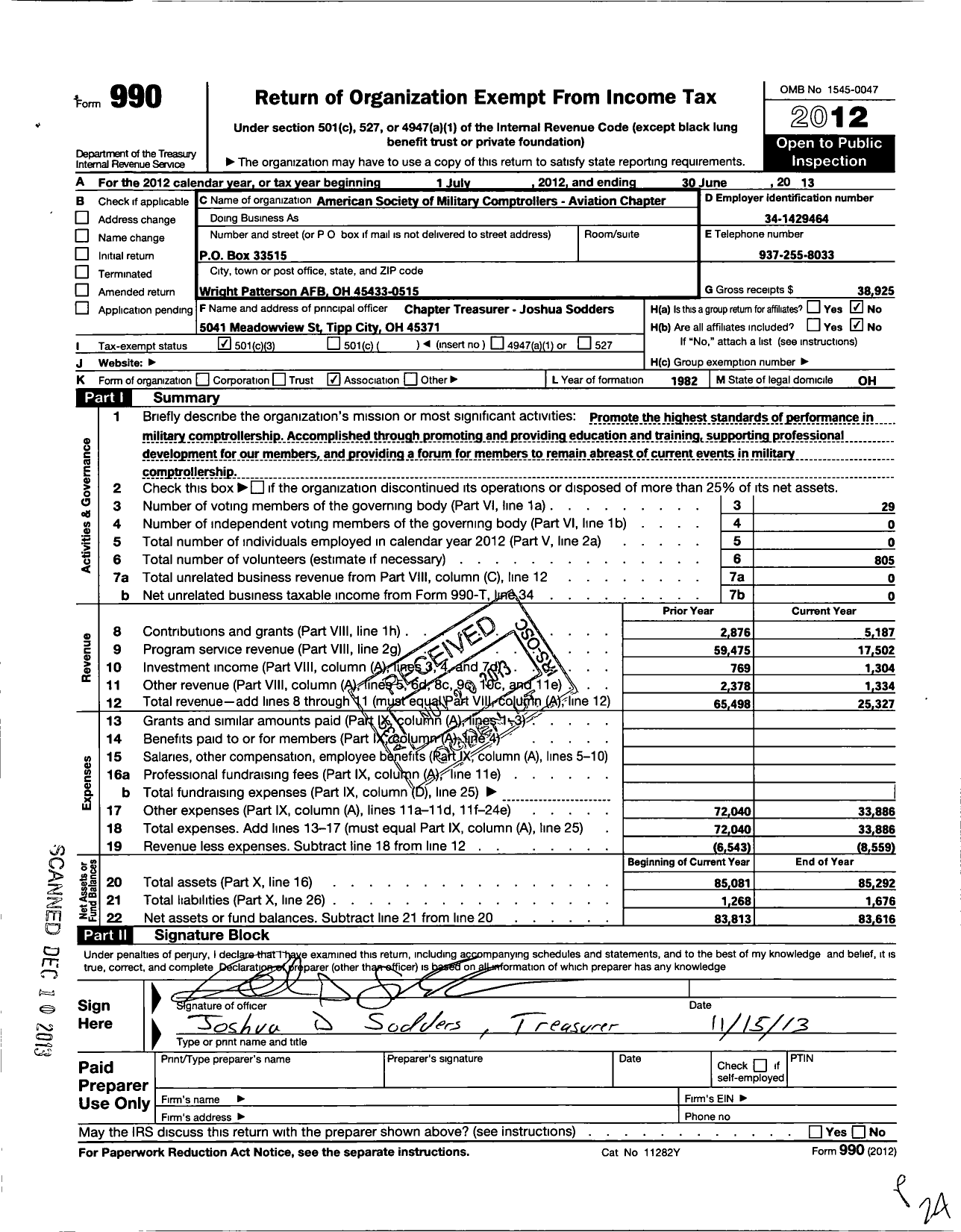 Image of first page of 2012 Form 990 for American Society of Military Comptr Ollers Aviation Chapter