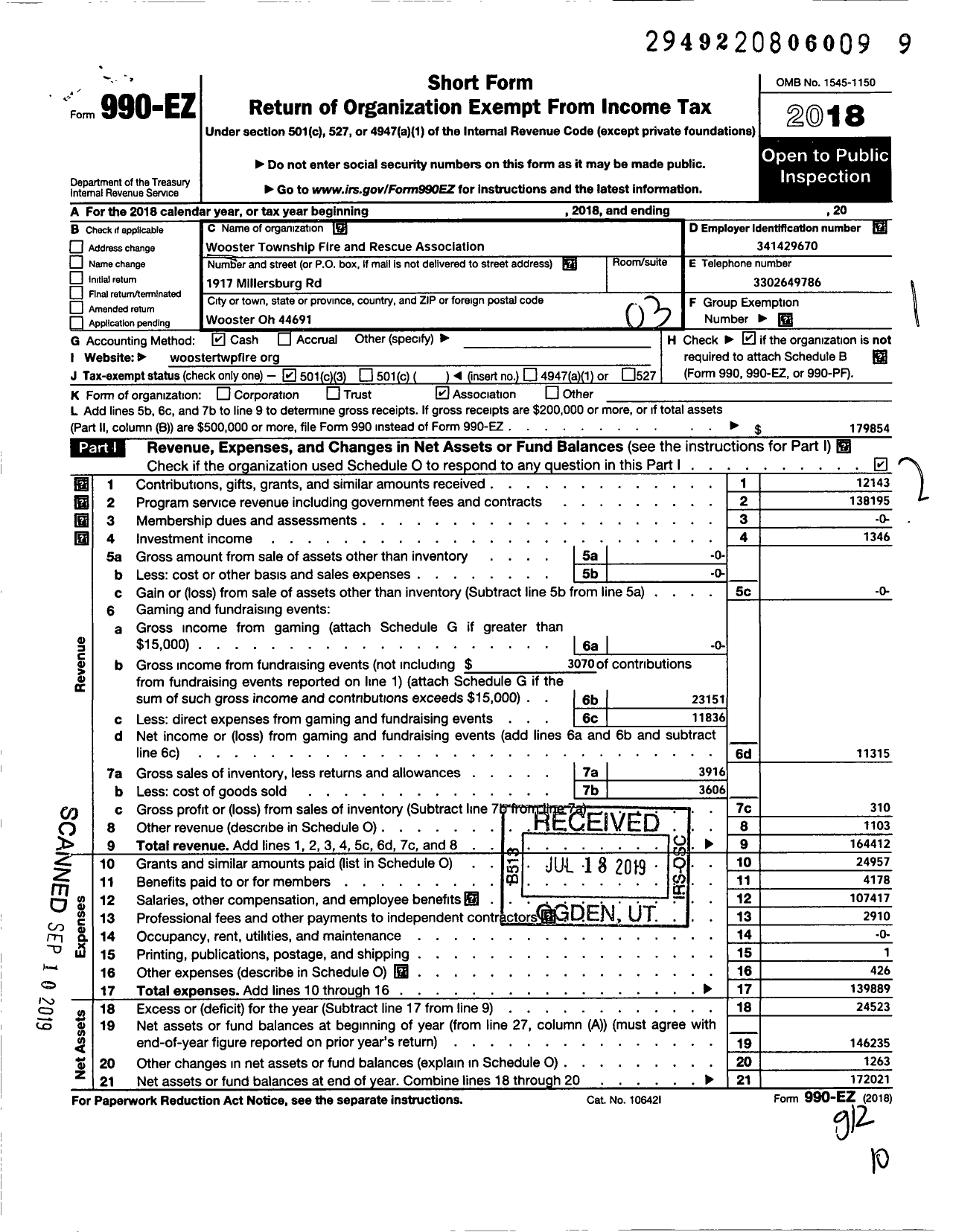 Image of first page of 2018 Form 990EZ for Wooster Township Fire and Rescue Association