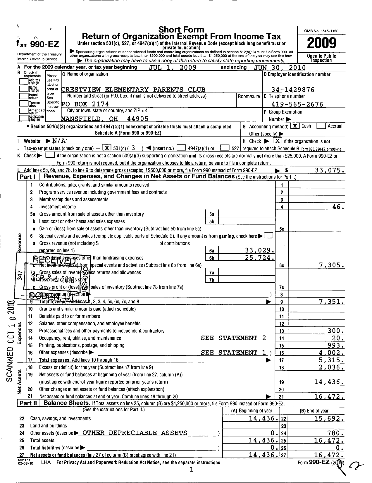 Image of first page of 2009 Form 990EZ for Crestview Elementary Parents Club