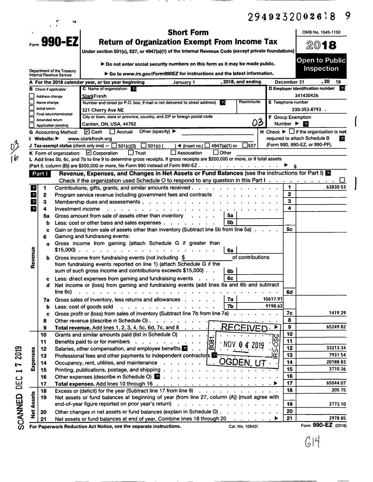 Image of first page of 2018 Form 990EZ for Starkfresh