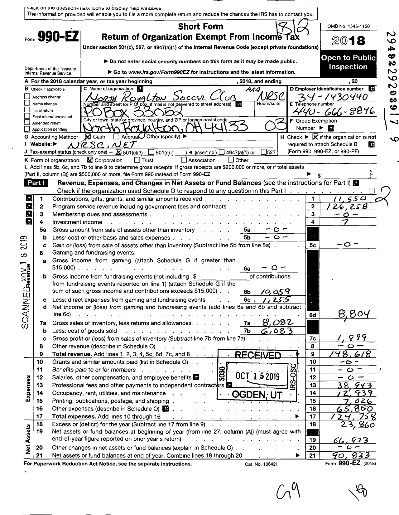 Image of first page of 2018 Form 990EZ for North Royalton Soccer Club