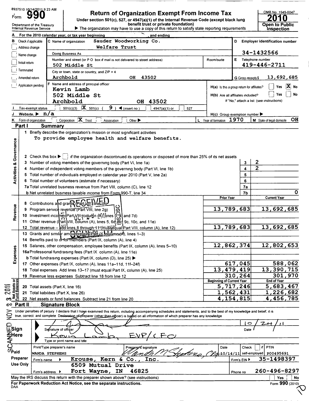 Image of first page of 2010 Form 990O for Sauder Woodworking Welfare Trust