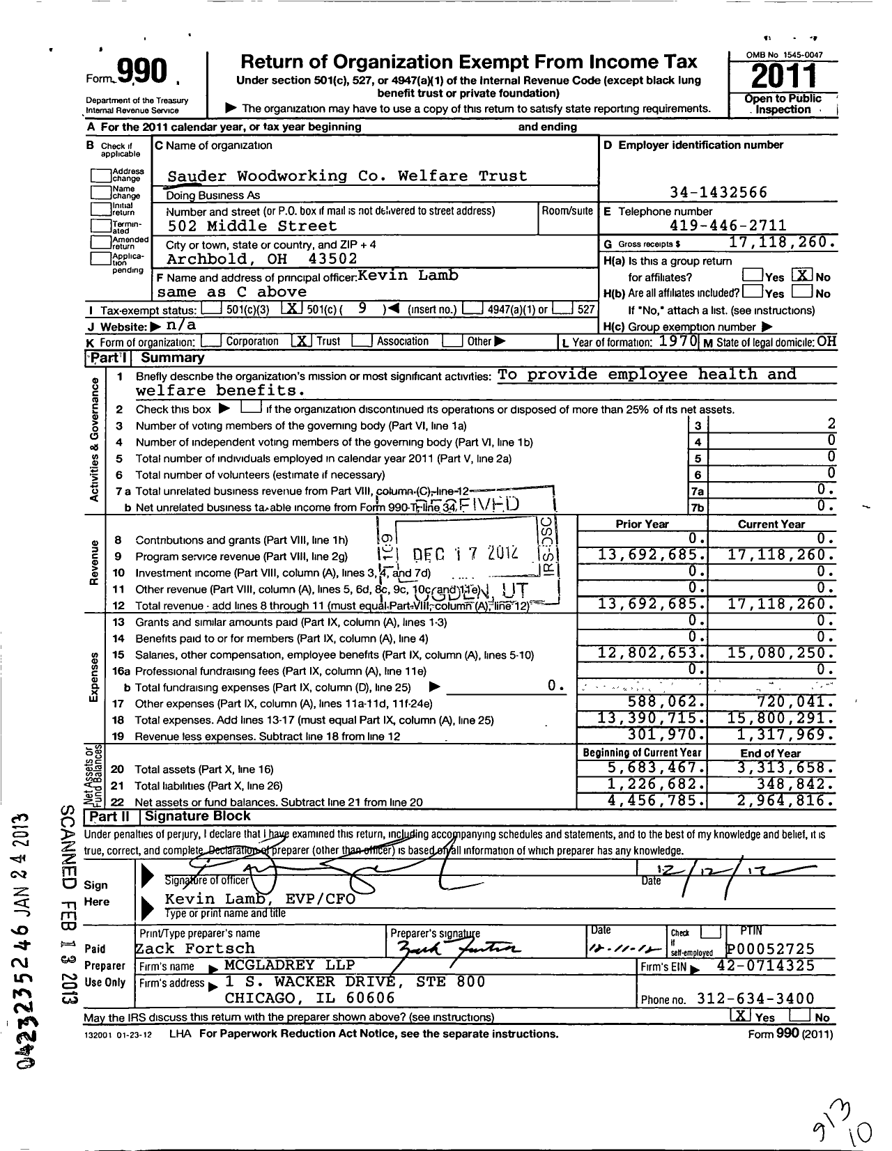 Image of first page of 2011 Form 990O for Sauder Woodworking Welfare Trust