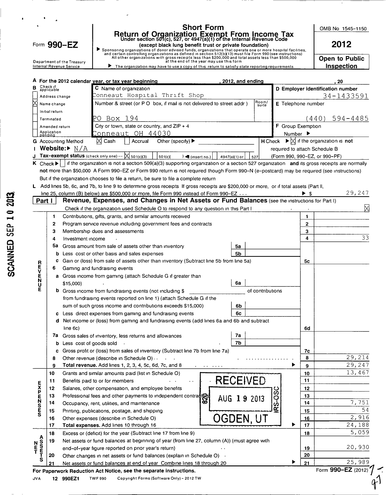 Image of first page of 2012 Form 990EZ for Conneaut Hospital Thrift Shop