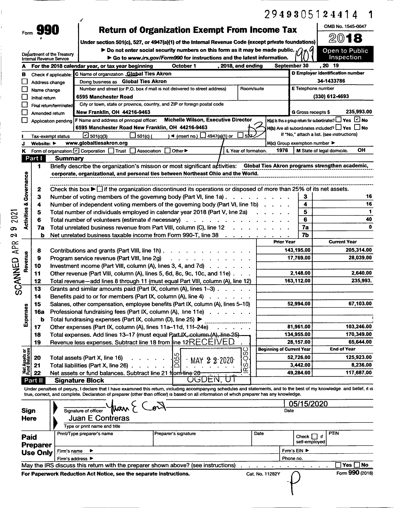 Image of first page of 2018 Form 990 for Global Ties Akron