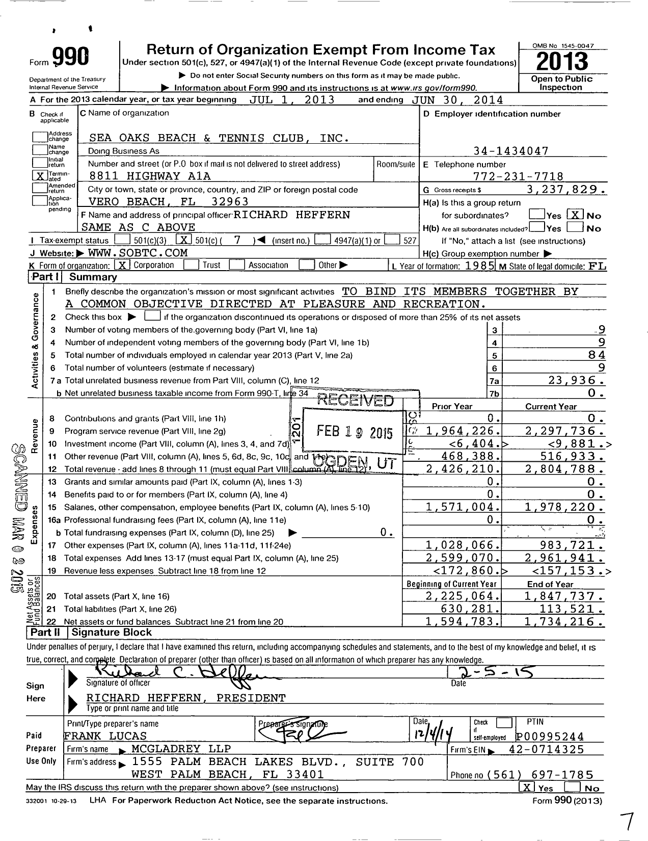 Image of first page of 2013 Form 990O for Sea Oaks Beach and Tennis Club