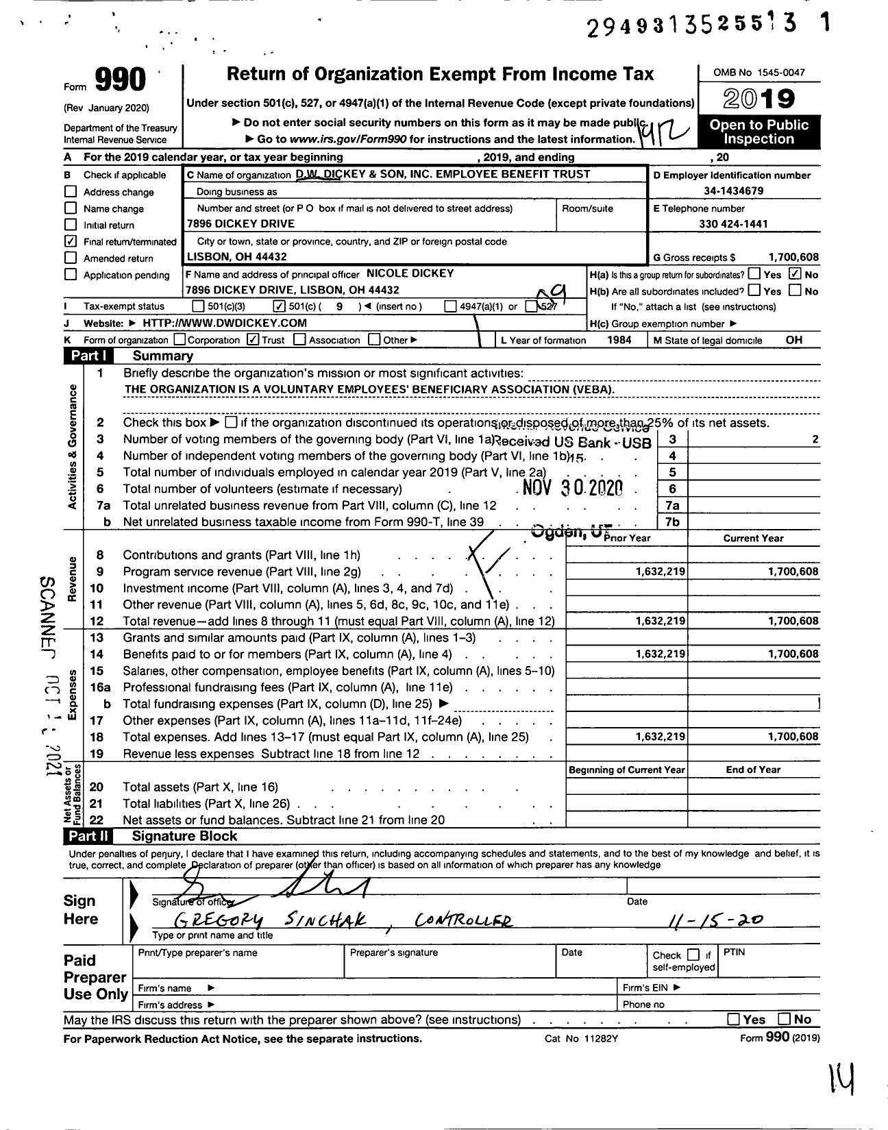Image of first page of 2019 Form 990O for D W Dickey & Son Inc Employee Benefit Trust
