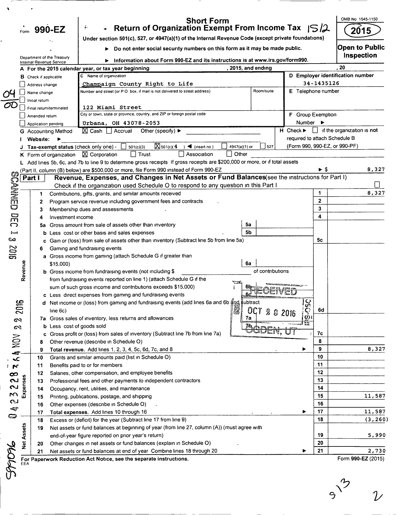 Image of first page of 2015 Form 990EO for Champaign County Right to Life