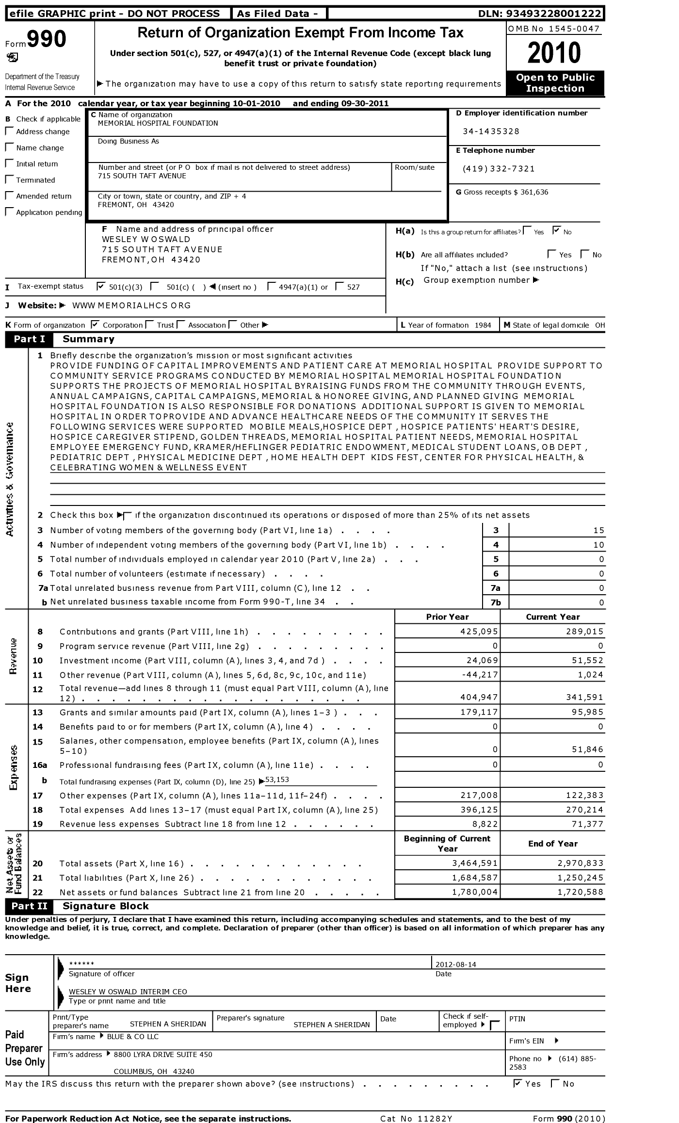 Image of first page of 2010 Form 990 for Memorial Hospital Foundation