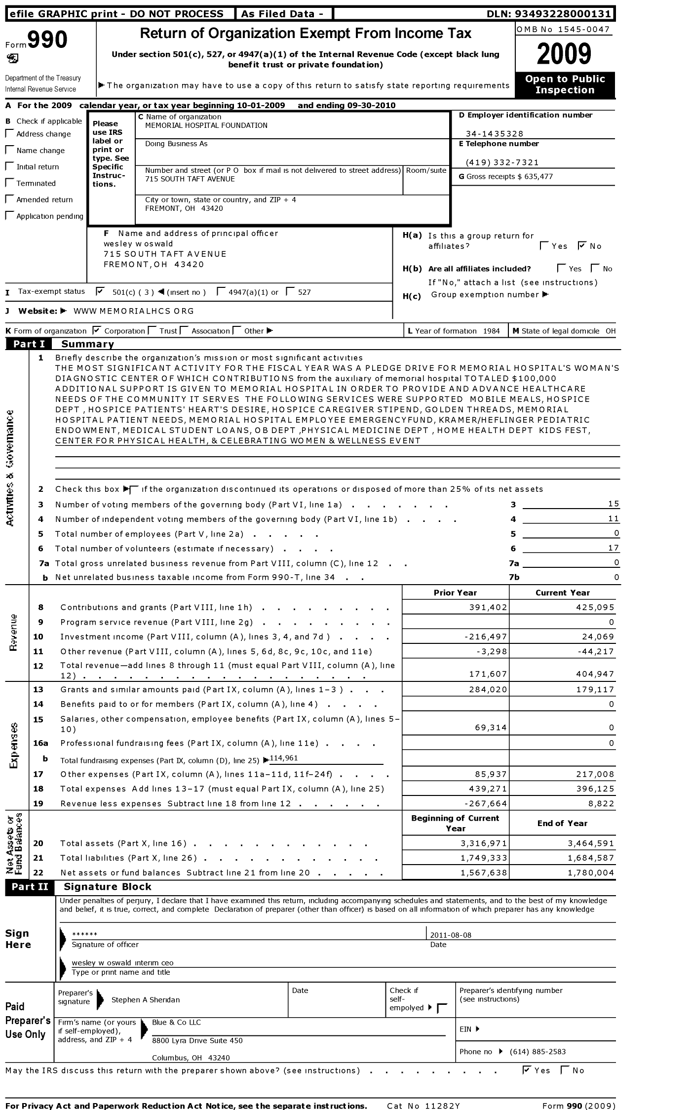 Image of first page of 2009 Form 990 for Memorial Hospital Foundation