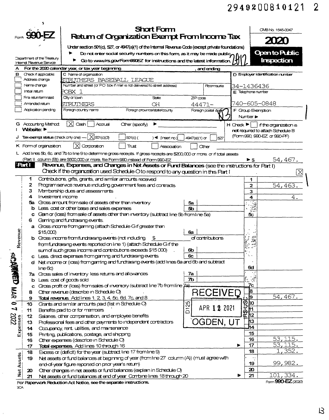 Image of first page of 2020 Form 990EZ for Little League Baseball - Struthers Baseball League