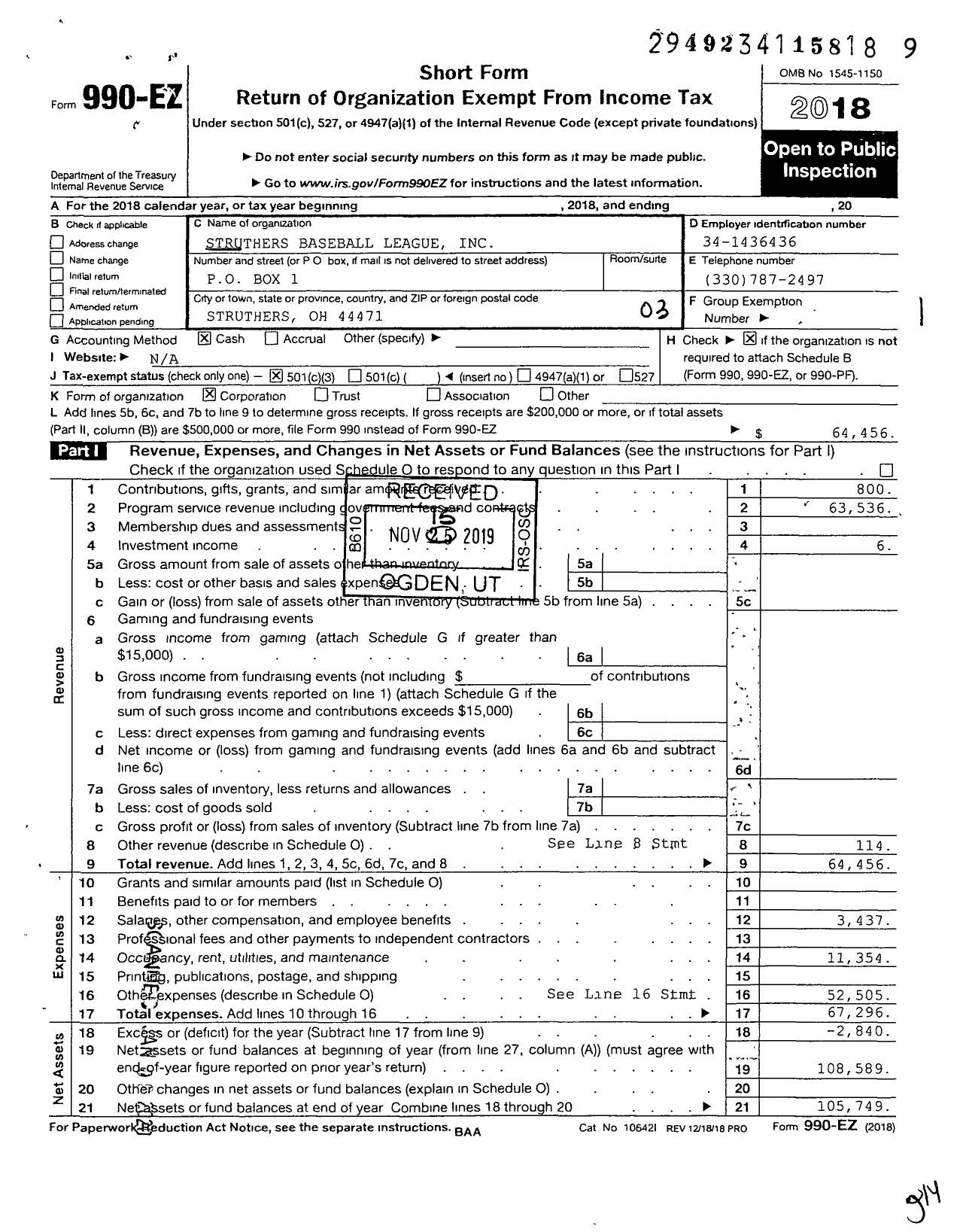 Image of first page of 2018 Form 990EZ for Little League Baseball - Struthers Baseball League