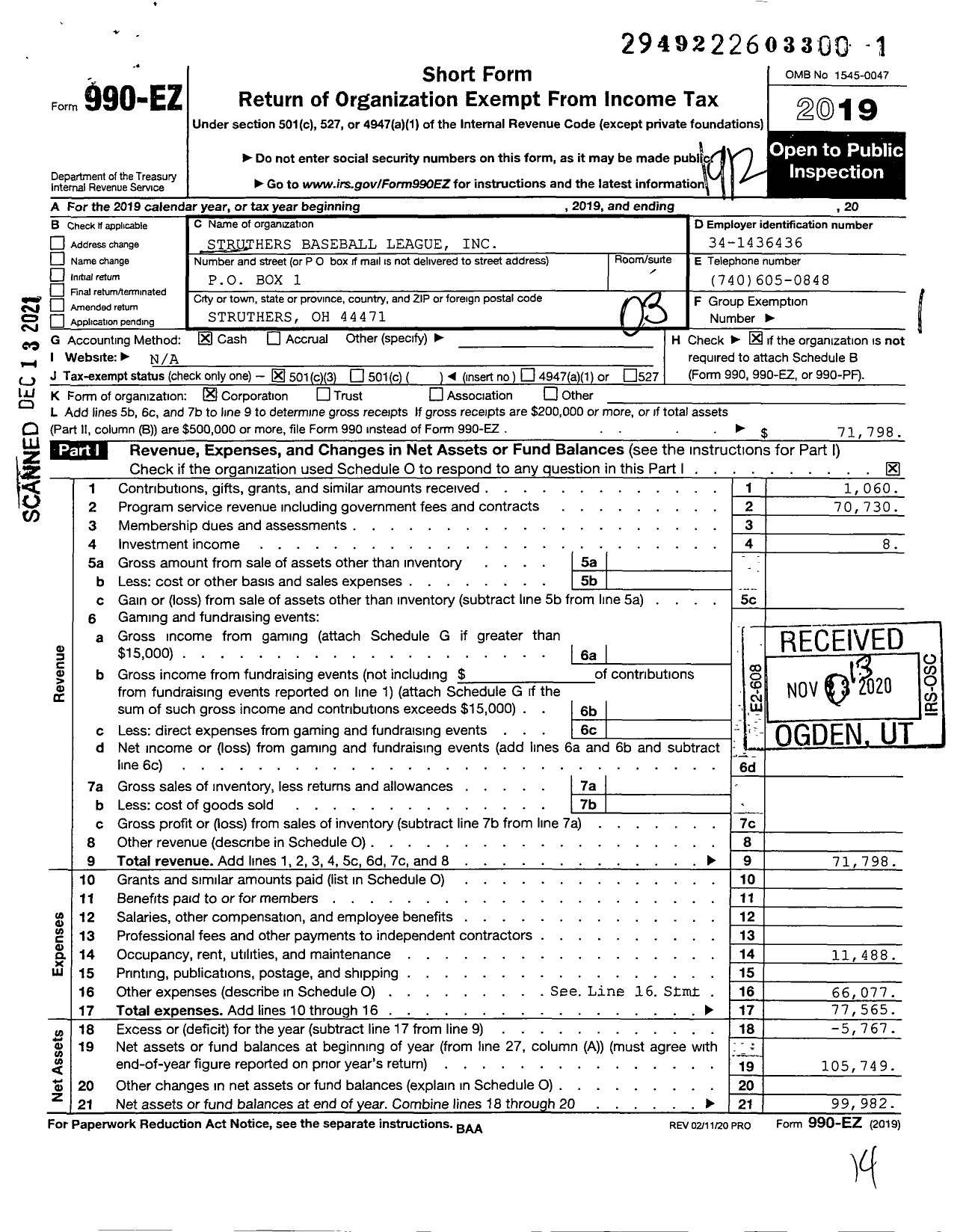 Image of first page of 2019 Form 990EZ for Little League Baseball - Struthers Baseball League