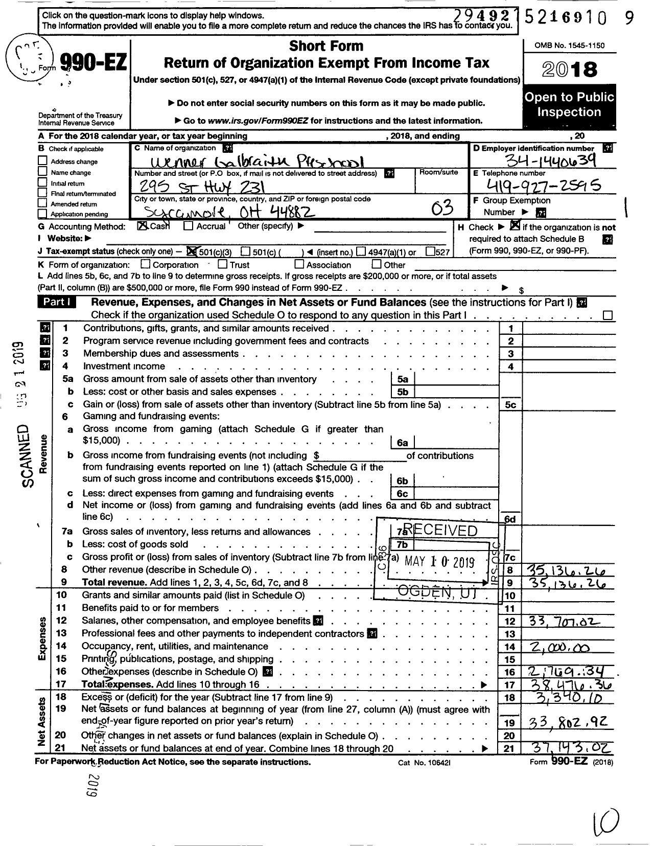 Image of first page of 2018 Form 990EZ for Wenner Galbraith Preschool