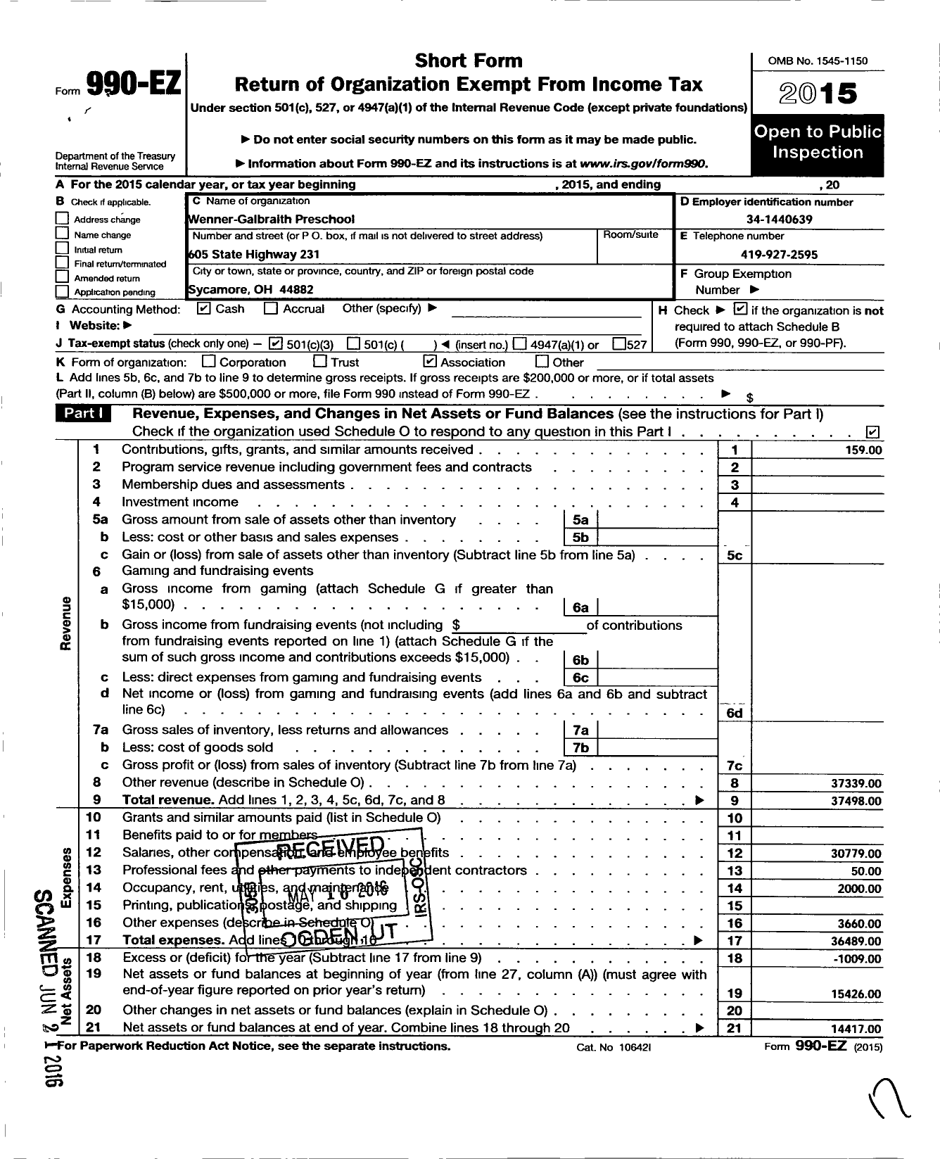 Image of first page of 2015 Form 990EZ for Wenner Galbraith Preschool