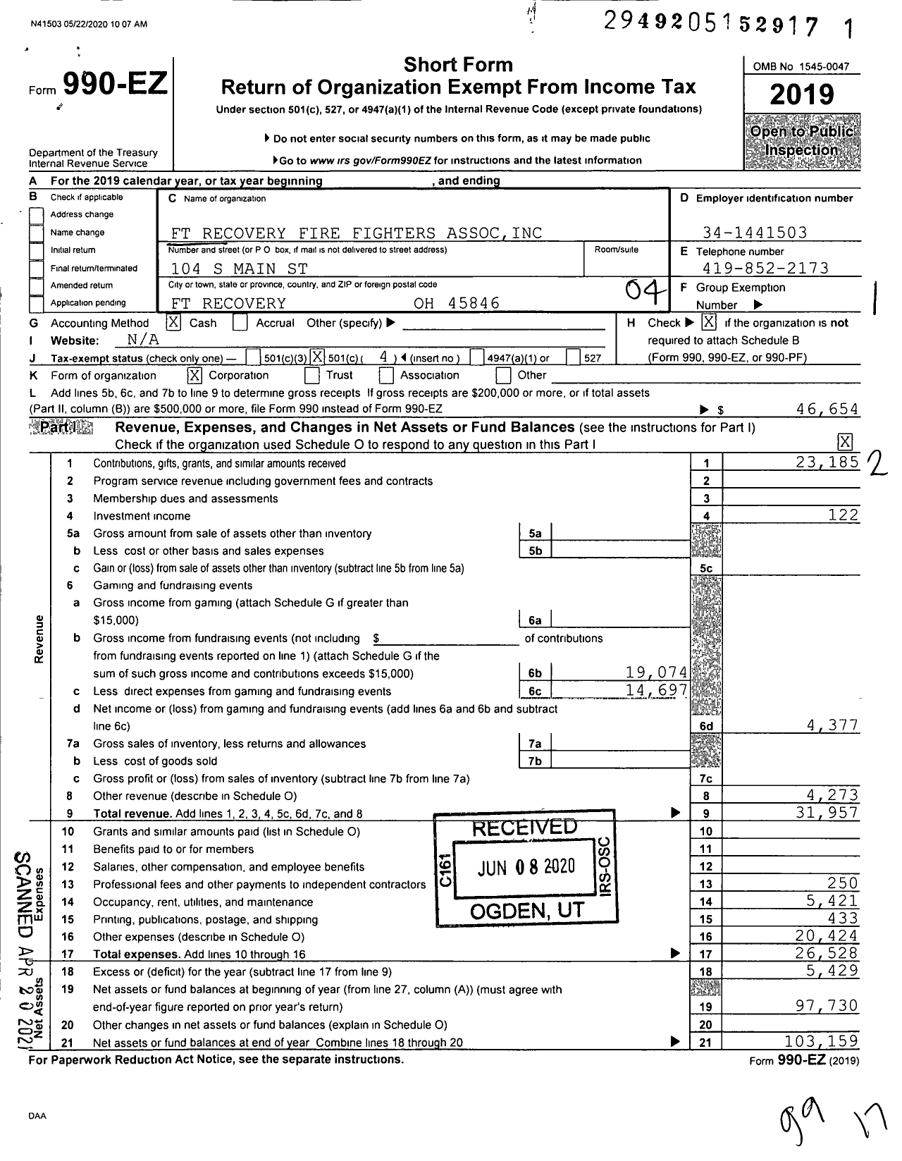 Image of first page of 2019 Form 990EO for Fort Recovery Fire Fighters