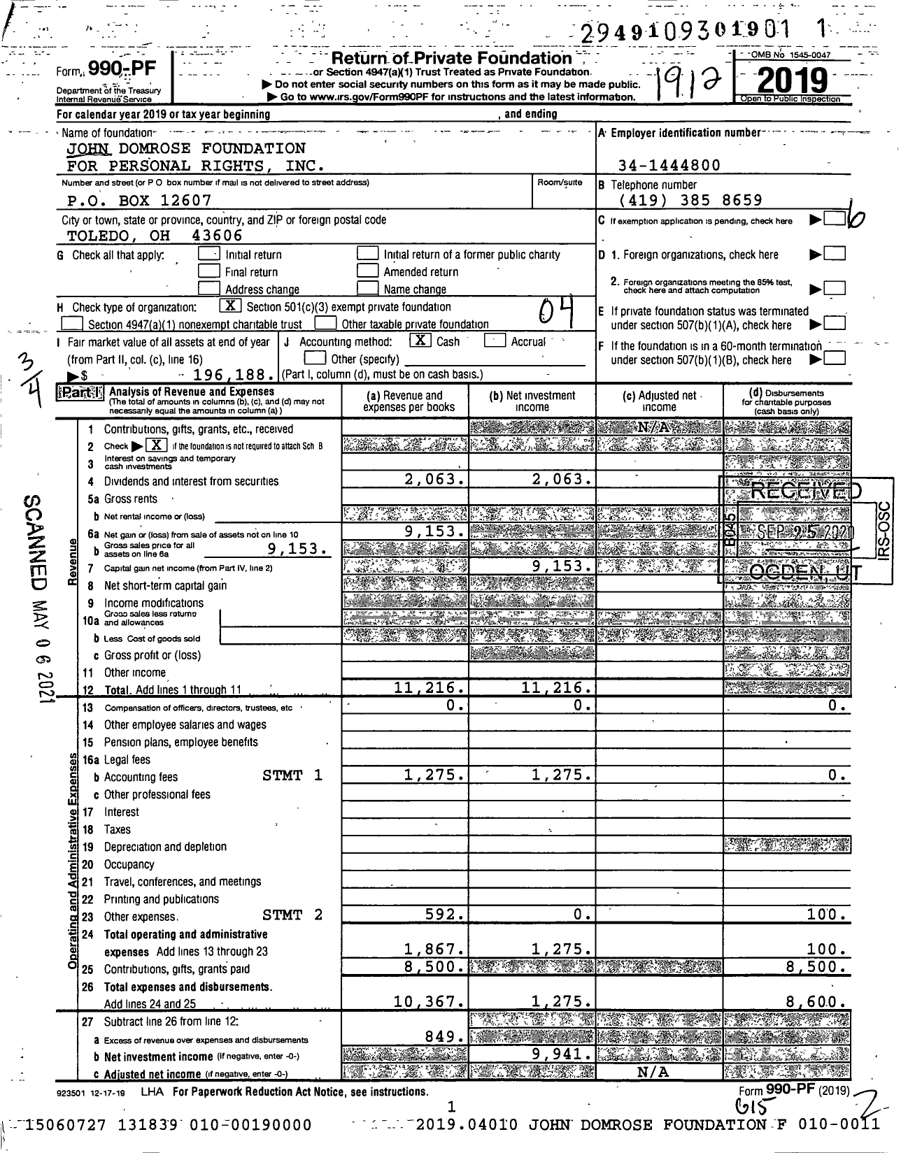 Image of first page of 2019 Form 990PF for John Domrose Foundation for Personal Rights